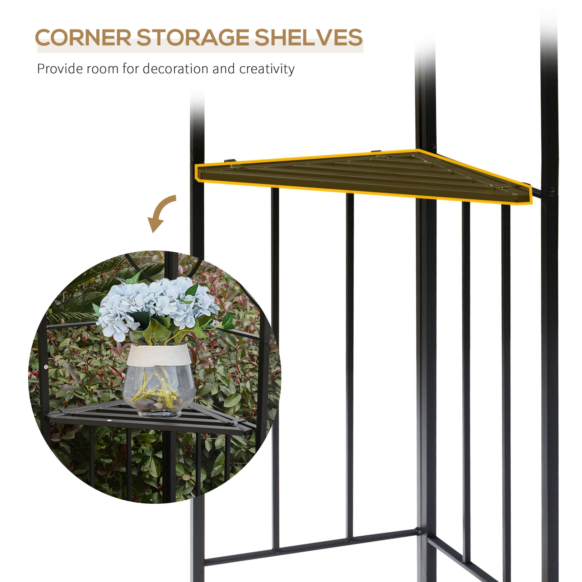 Outsunny 10' x 10' Outdoor Gazebo Canopy with Corner Shelves, Netting & Vented Roof - Perfect for Garden, Lawn, Backyard, Deck, and Patio Parties