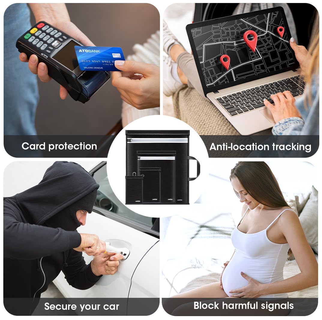 4 Pack Faraday Bags - Large EMP Proof Faraday Pouch with Reflective Strip, Upgraded RFID Blocking Key Fob Protector, Anti-Tracking & Fireproof Waterproof Faraday Cage for Phones, Laptop, Car Keys - Perfect for Travel, Privacy Protection & Emergency Preparedness
