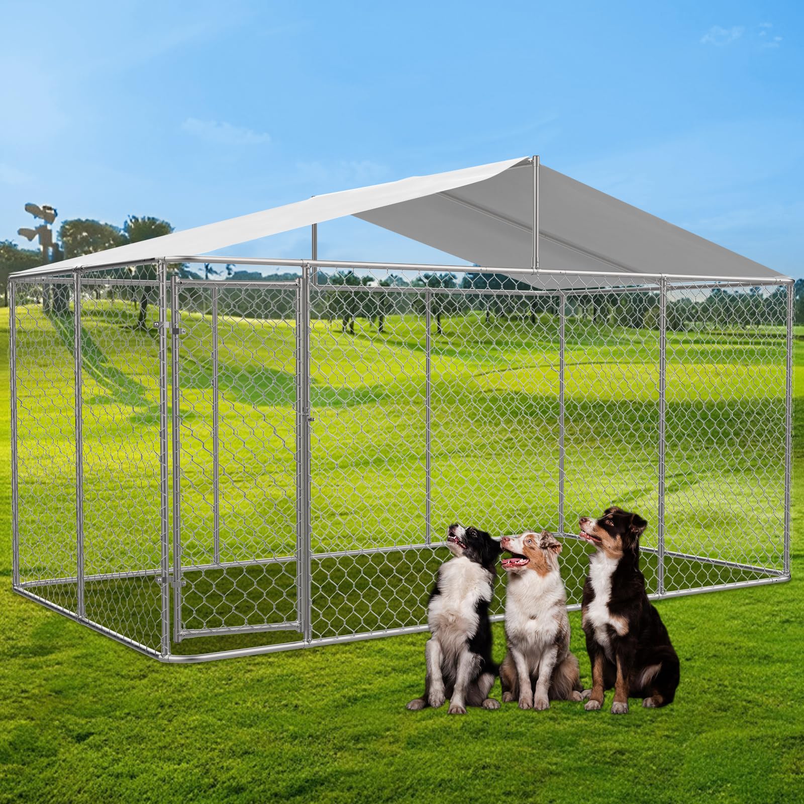 13.1×7.5×7.6FT Heavy Duty Outdoor Dog Kennel with Roof Cover - Large Chain Link Dog Cage Playpen with Lockable Door for Backyard, Garden & Patio (Ideal for Large Breed Dogs Protection & Outdoor Play)