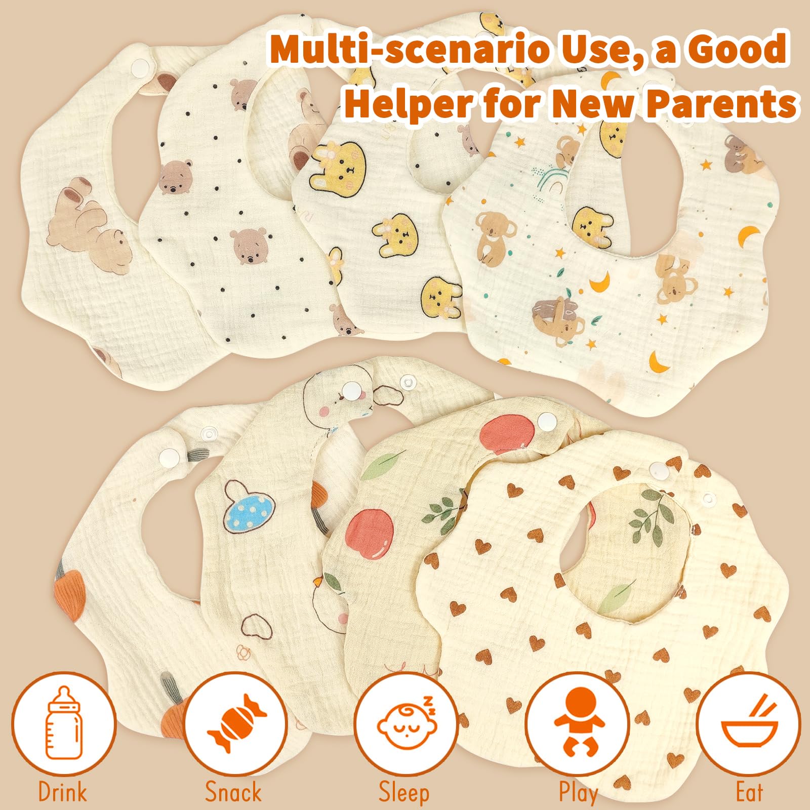 EllieHouse 8 Pack Organic Muslin Baby Bibs for Girls & Boys - Soft Cotton Drool Bibs for Teething Toddlers & Infants - Perfect for Feeding, Playtime & Everyday Use