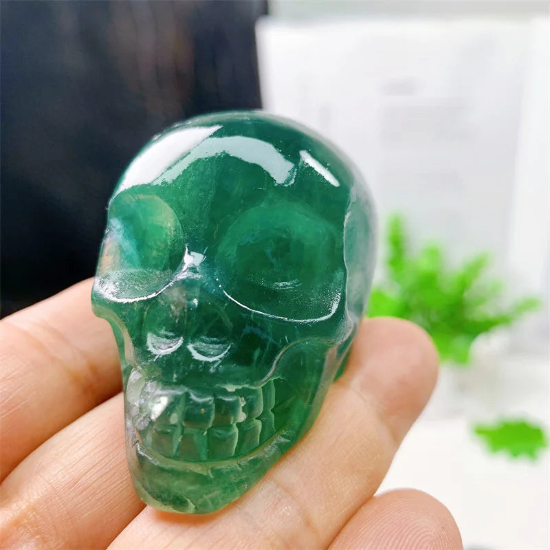 Natural Fluorite Skull Carving Sculpture - Healing Crystal Gemstone Art, 2 Inch Handcrafted Home Decor for Meditation, Reiki & Spiritual Healing - Unique Gift for Collectors & Crystal Enthusiasts