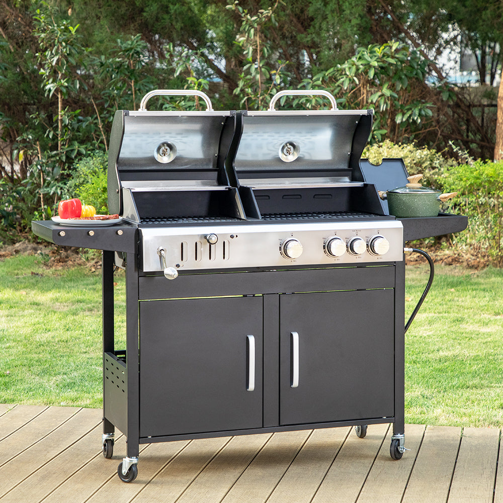 Captiva Designs Outdoor Propane and Charcoal Grill Combo - Portable BBQ Grill for Backyard, Camping & Tailgating - Heavy Duty Stainless Steel Gas & Charcoal Grill Combo with Side Shelves
