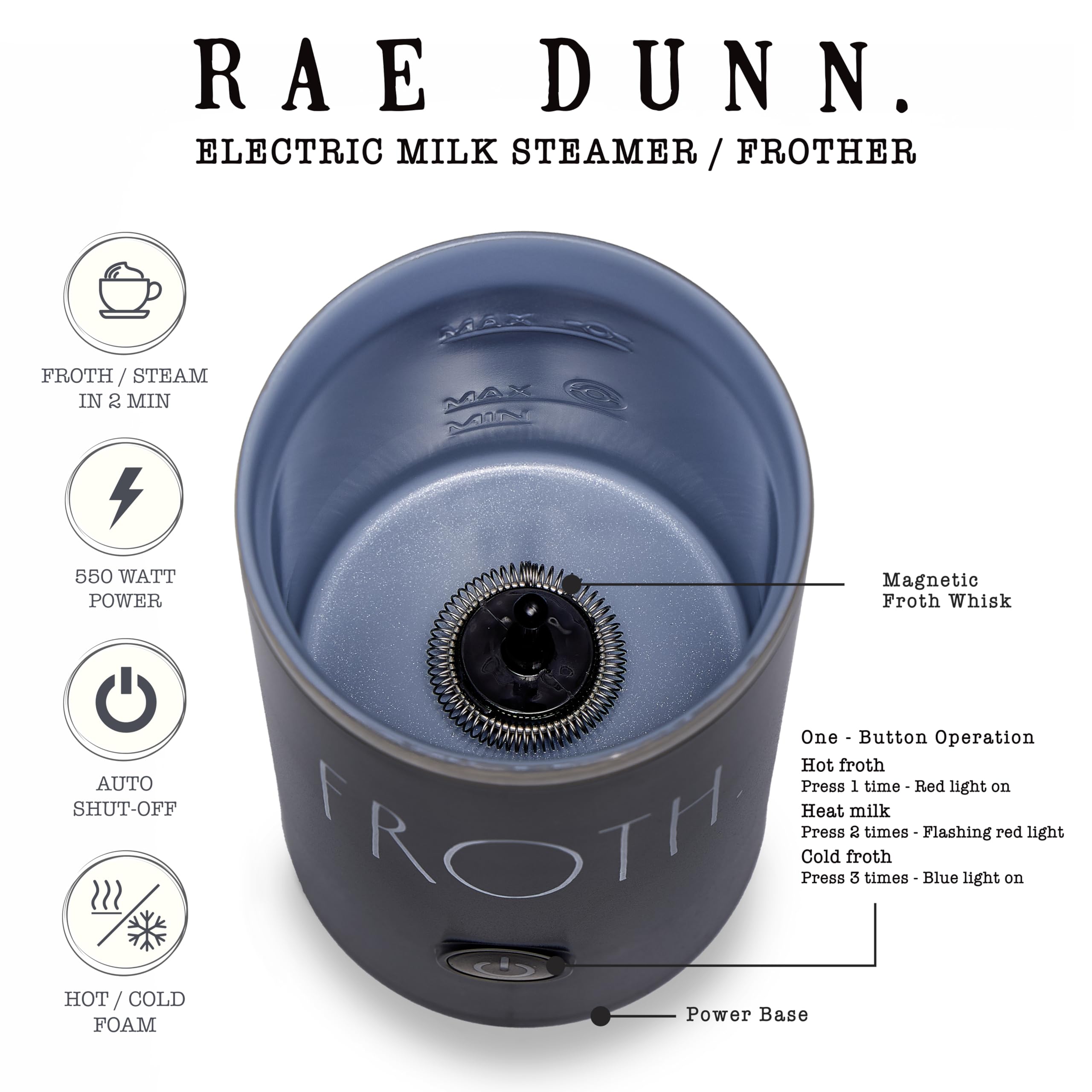Rae Dunn Electric Milk Frother Steamer - 550W Automatic Milk Warmer & Frother for Coffee, Latte, Cappuccino, Macchiato - Hot & Cold Foam Maker - Perfect for Home, Office & Coffee Shops (Black)