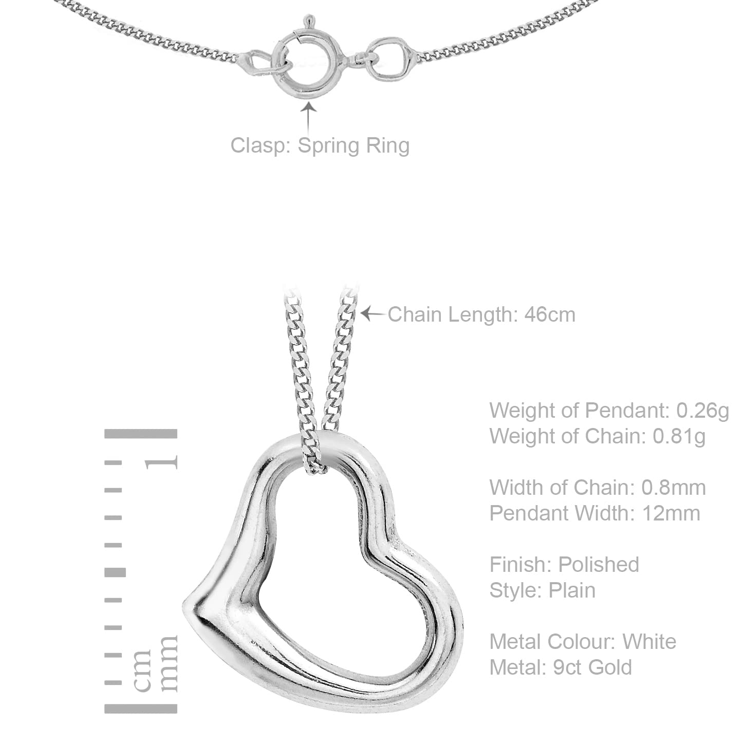 9ct White Gold Heart Slider Pendant Necklace - 12x10mm Elegant Heart Charm on Delicate Chain - Perfect for Valentine's Day, Anniversary & Romantic Gifts