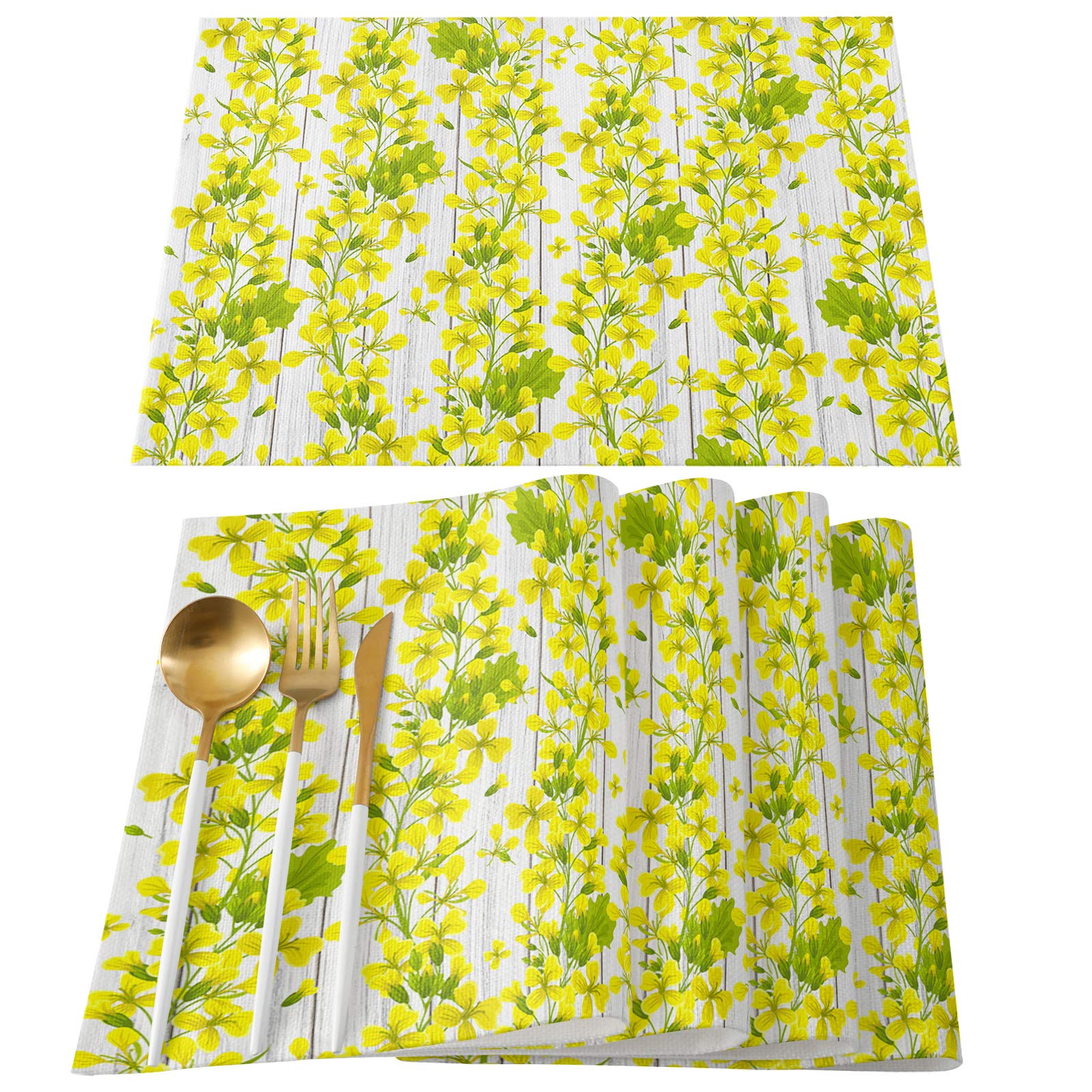 Premium Cotton Linen Placemat Set of 4 - Non-Slip Heat Resistant Table Mats with Yellow Floral & Green Leaf Pattern - Washable Dining Table Mats for Kitchen, Holiday Parties & Home Decor | Perfect for Everyday Meals, Dinner Parties & Special Occasions