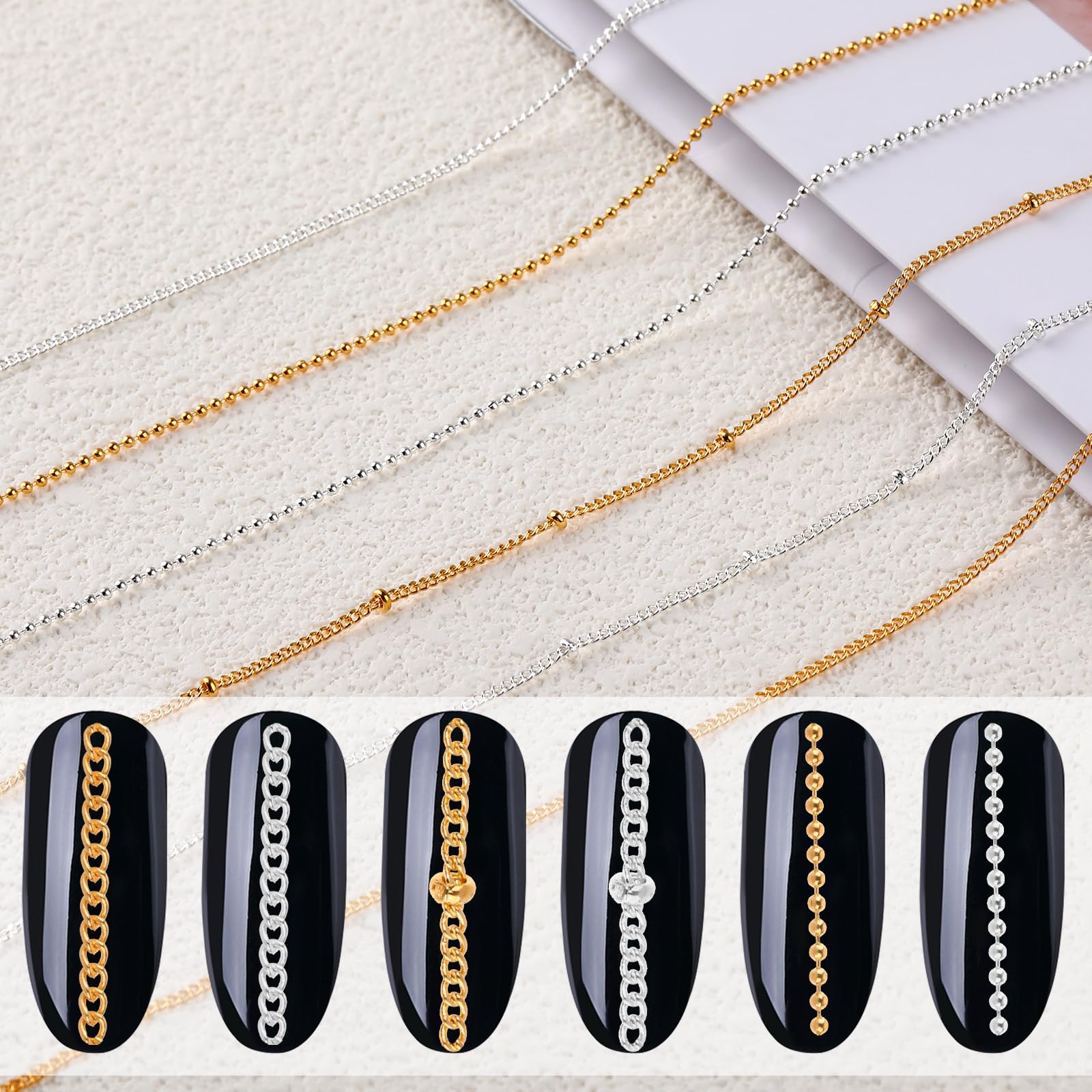 1 Box 6 Strips Gold & Silver Nail Chains for Nail Art - Punk Nail Charms & Studs Accessories for Women - Perfect for DIY Nail Designs, Parties, and Special Occasions