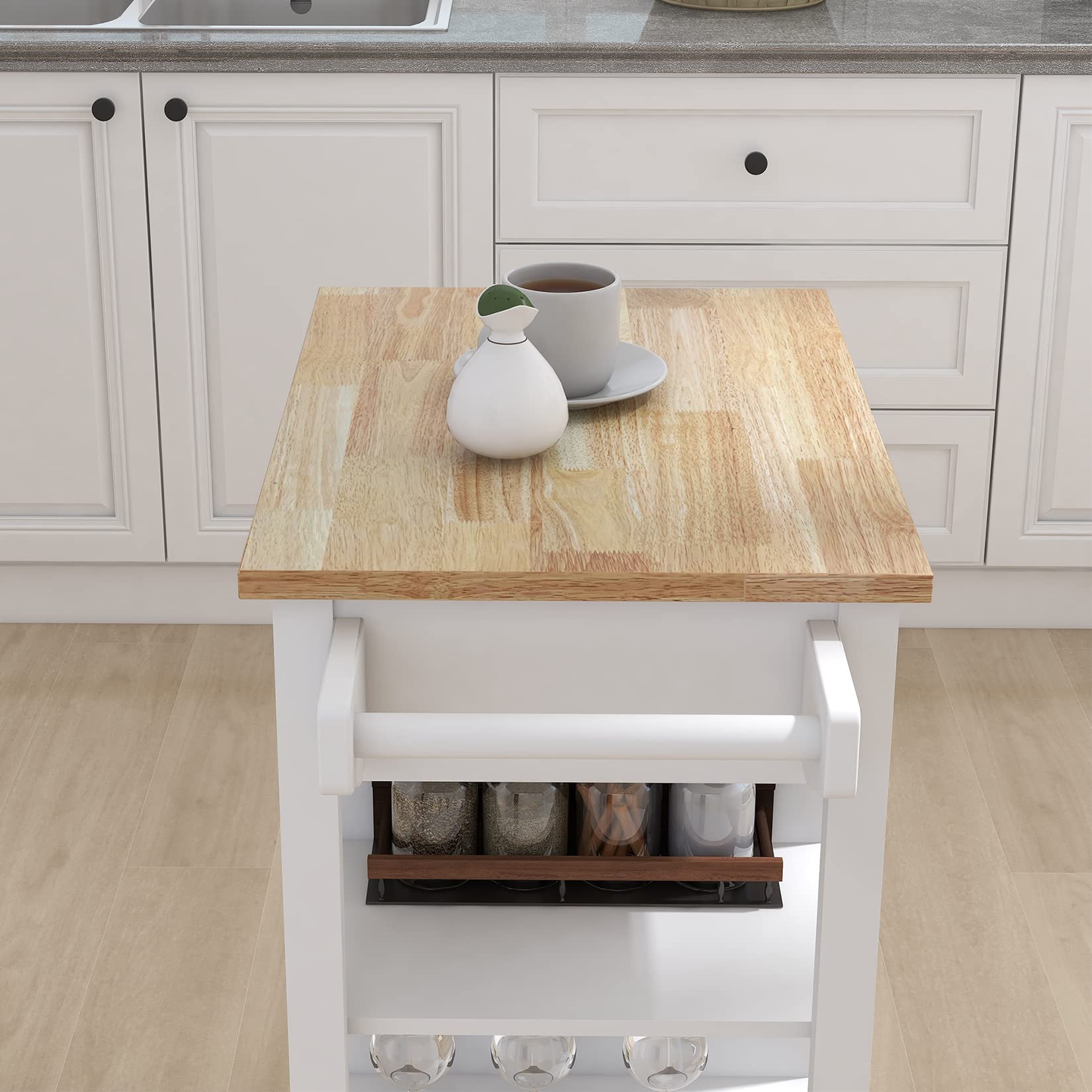 Portable Kitchen Island Cart with Wheels - Rolling Serving Trolley, Storage Cabinet with Drawers, Towel Rack & Open Shelves - Solid Rubber Wood Tabletop for Kitchen, Dining Room & Living Room - Perfect for Small Spaces, Entertaining & Extra Counter Space