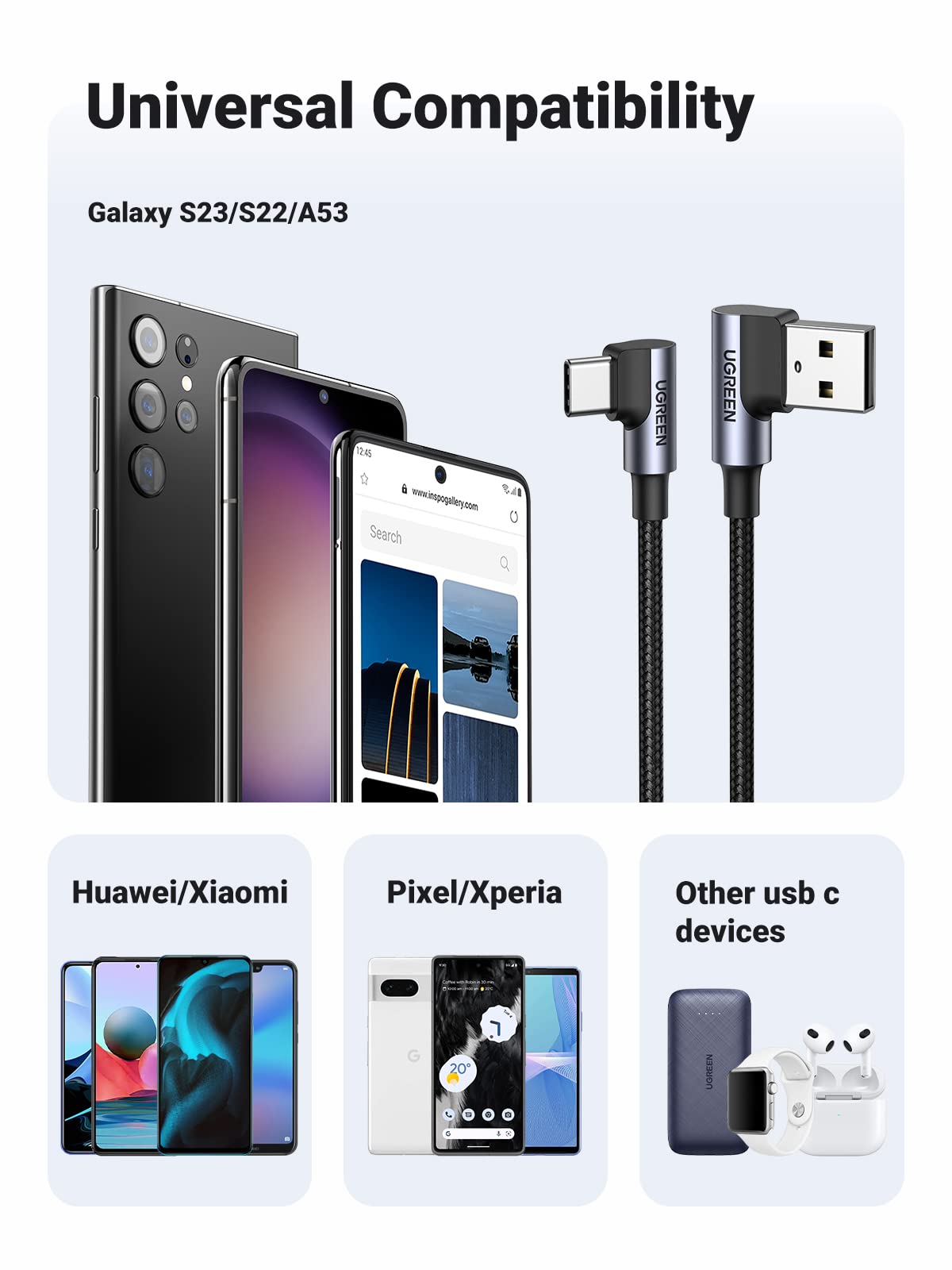 UGREEN 90 Degree Right Angle USB to USB C Cable 3A Fast Charging Cord - Compatible with iPhone 16/15 Pro Max, Galaxy S24/S23 Ultra, Pixel 7/6, Redmi Note 11, Huawei P60/P50 Pro (0.5M) - Perfect for Bedside Charging & Car Use