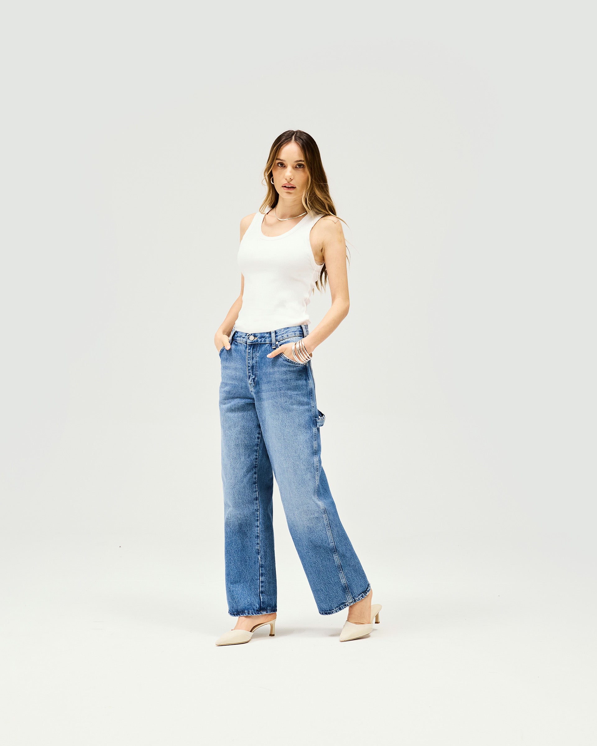 Vintage Washed Blue Skater Jeans for Women - High Waisted Stretch Denim Pants | Perfect for Casual Outfits, Streetwear & Skateboarding
