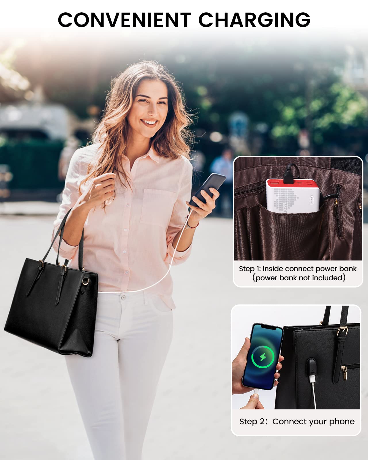 LOVEVOOK 15.6 Inch Laptop Tote Bag for Women - Waterproof PU Leather Business Shoulder Bag with USB Charging Port, Large Briefcase Handbag Purse 2Pcs Set (Black) - Perfect for Office Work, Commuting & Travel
