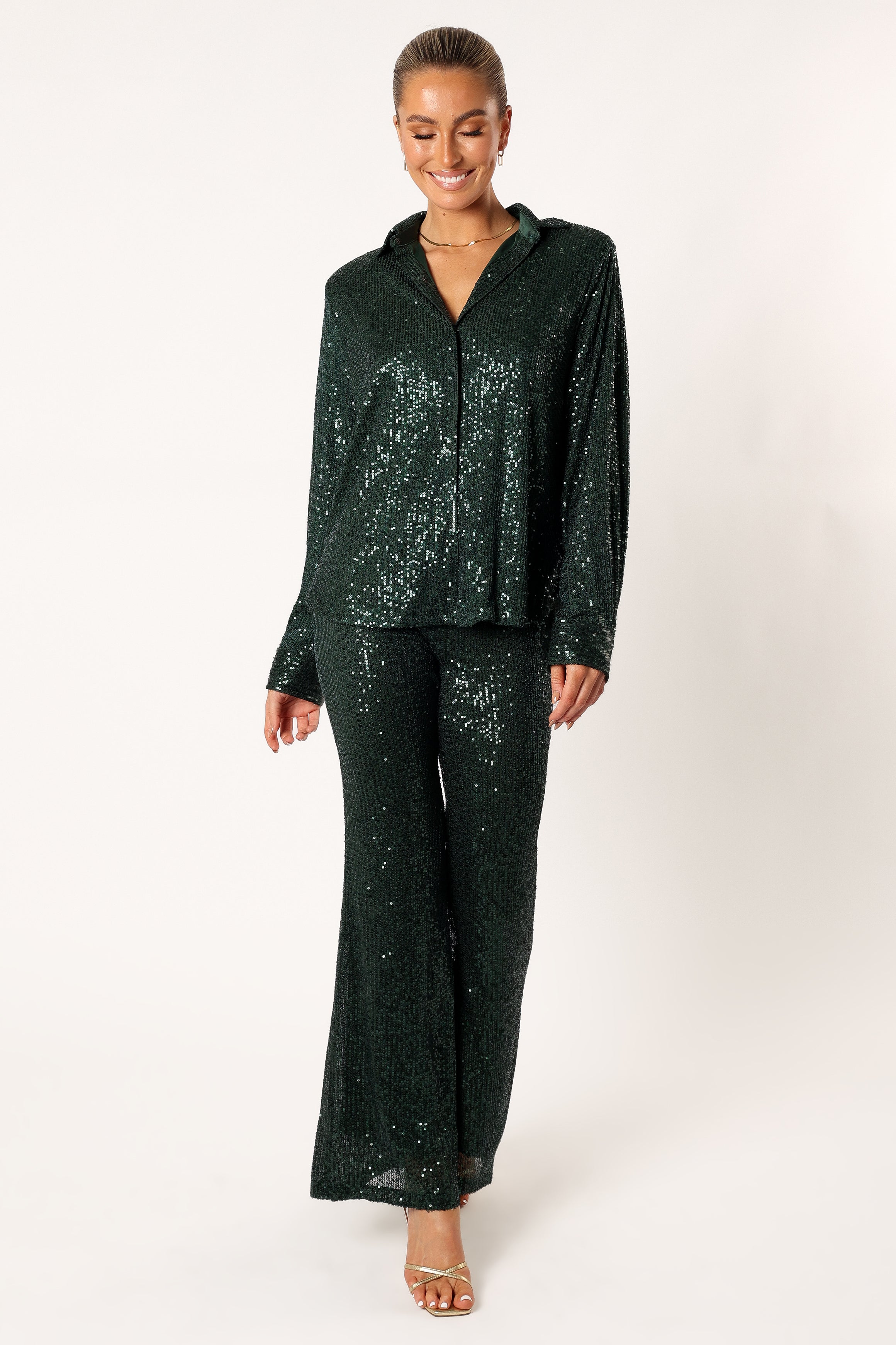 Darcy Sequin Two Piece Pant Set - Women's Elegant Hunter Green Outfit for Parties & Evening Events