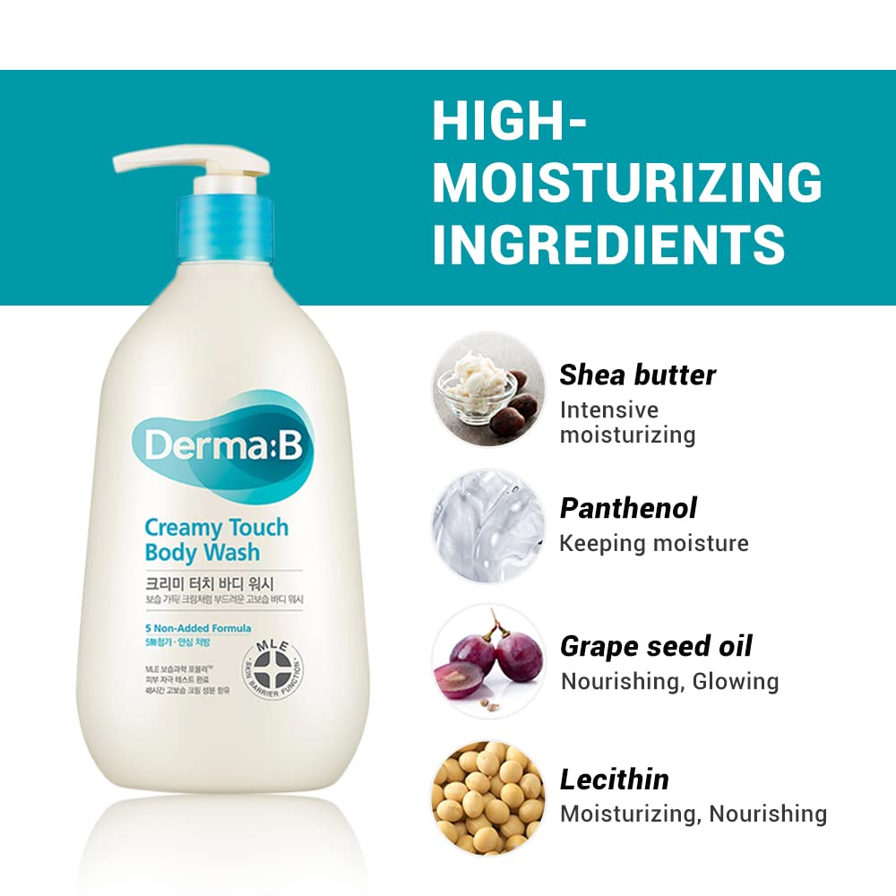 DERMA B Creamy Touch Body Wash - Long-Lasting Moisturizing Shower Gel with Shea Butter, Grape Seed Oil & Panthenol | Mild & Nourishing Cleanser | Relaxing Scented K-Beauty Formula (13.5 Fl Oz/400ml) | Perfect for Dry Skin & Daily Relaxing Shower Routine