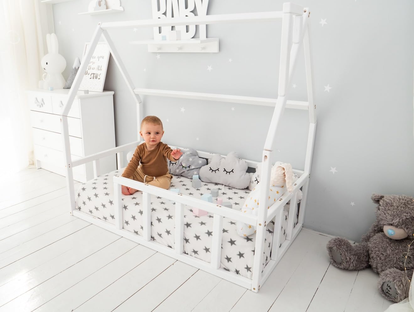 Montessori Toddler Floor Bed with Safety Rails - Solid Wood Kids Bed Frame for Boys & Girls - House Bed for Toddlers & Preschoolers - Perfect for Montessori Bedrooms, Daycare Naps & Cozy Sleep Spaces