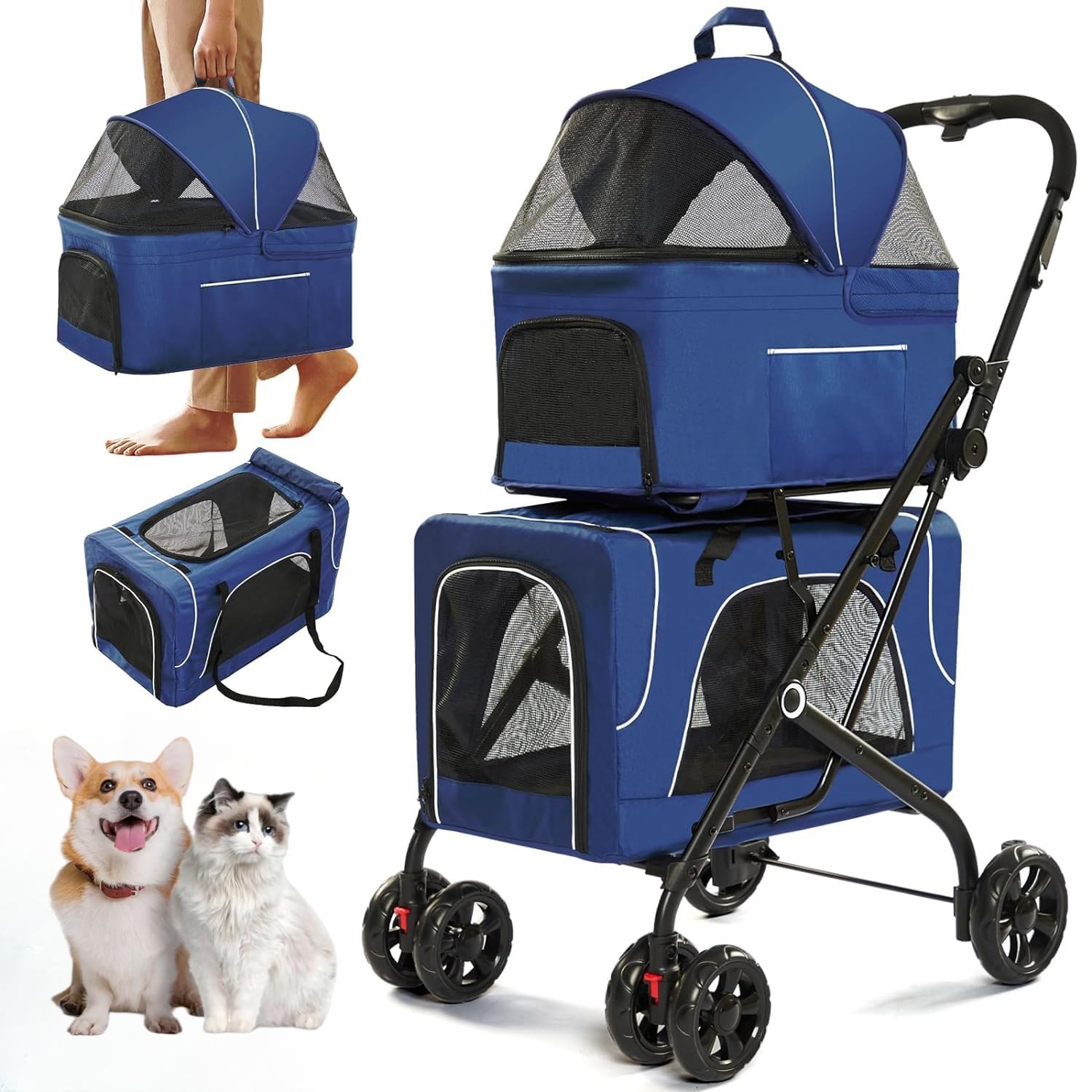 Premium 3-in-1 Double Dog Stroller with 2 Detachable Carriers | Safety Belt, Washable Cover & Removable Pads | 4-Wheel Design for Small & Medium Dogs | Perfect for Walking, Shopping & Vet Visits (Blue)