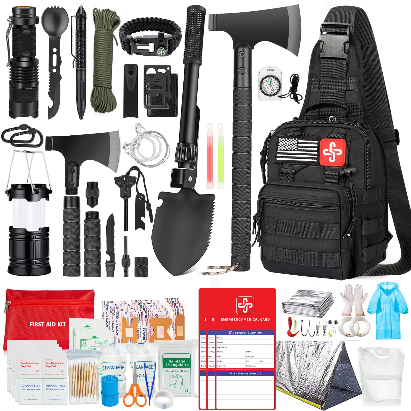 262Pcs Survival Kit with First Aid, Emergency Tent & Camping Tools - Portable Crossbody Bug Out Bag for Outdoor Adventures, Hiking, Camping & Disaster Preparedness (Gift for Men & Women)