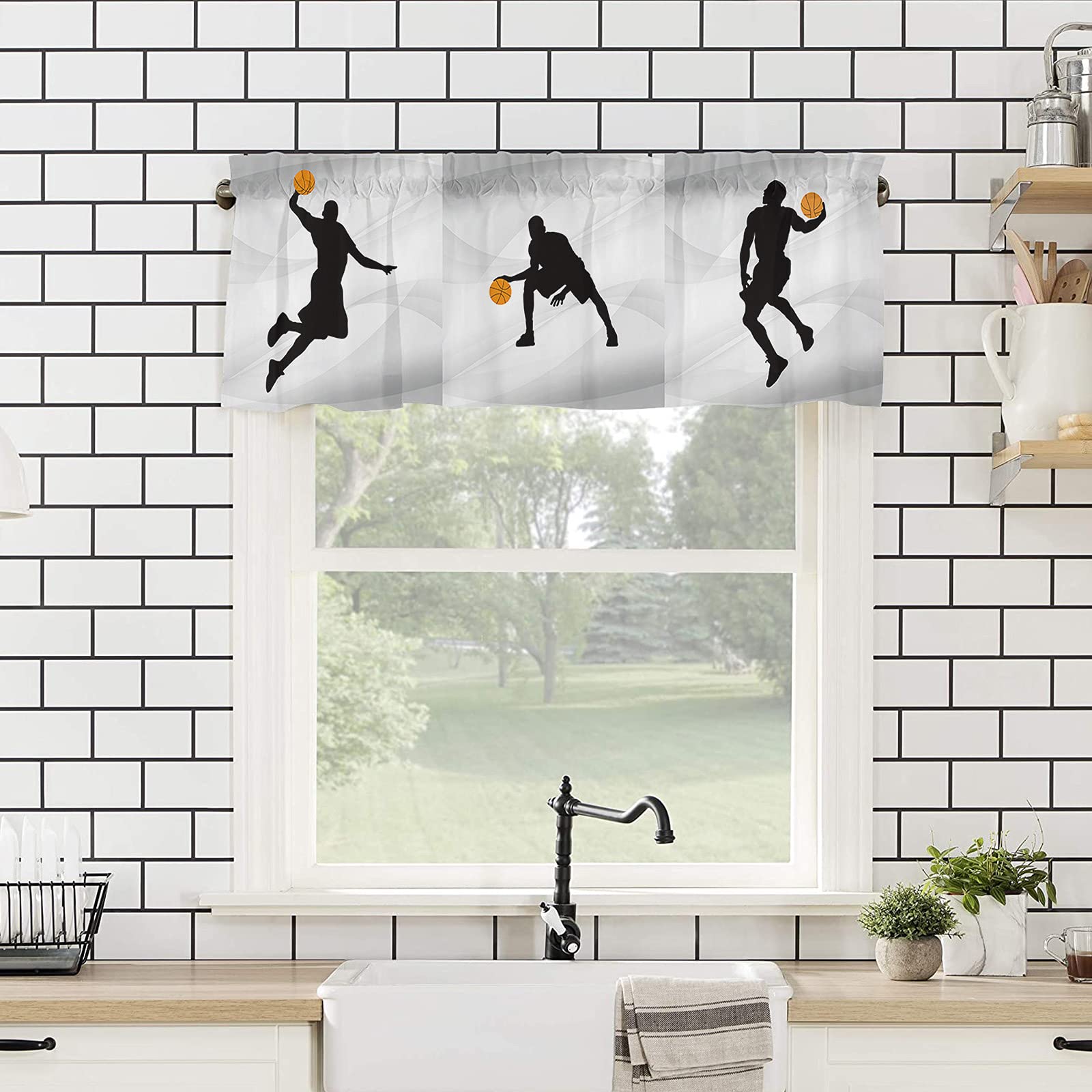 Basketball Sports Curtain Valances - Slam Dunk Patchwork Design, 54x18 Inch Window Treatment Tier Curtains with Rod Pocket for Kitchen & Living Room - Perfect for Sports Themed Bedrooms, Game Rooms, and Basketball Fans Decor