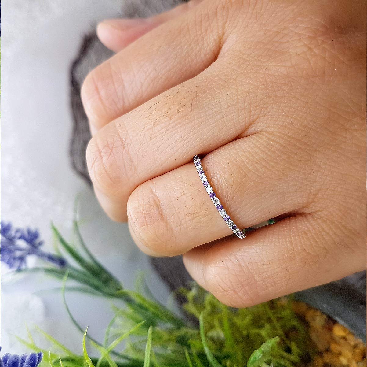 14K Solid Gold Round Amethyst & White Diamond Women's Stackable Ring for Anniversary, Wedding, Engagement - Perfect Gift for Her, Bridal Jewelry, Valentine's Day Present
