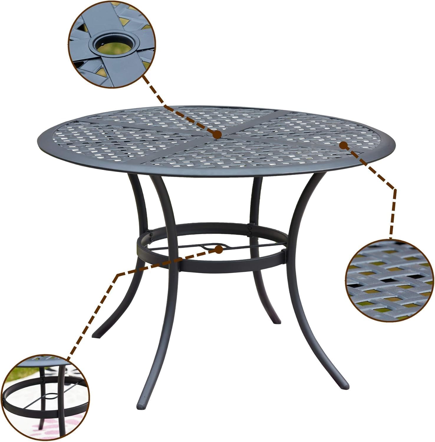 LOKATSE HOME 42.1 Inch Round Outdoor Patio Dining Table with Umbrella Hole - Durable Steel Frame for Backyard, Lawn, Balcony, Deck - Perfect for Family Gatherings & Outdoor Entertaining