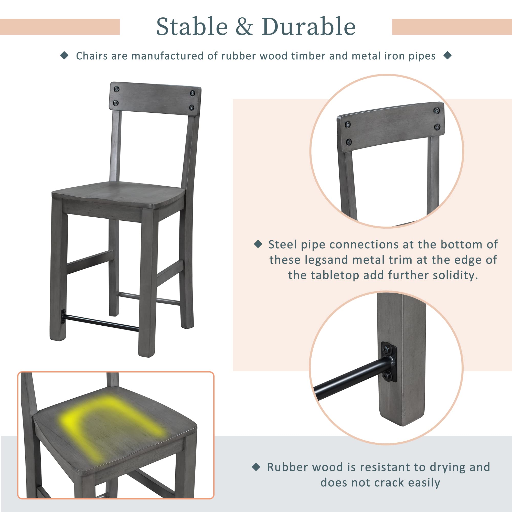 Farmhouse 5-Piece Counter Height Dining Table Set - Industrial Solid Wood & Metal Kitchen Dining Room Table with 4 High Back Chairs, Space-Saving Design (Grey) - Perfect for Small Apartments, Breakfast Nooks & Modern Farmhouse Kitchens