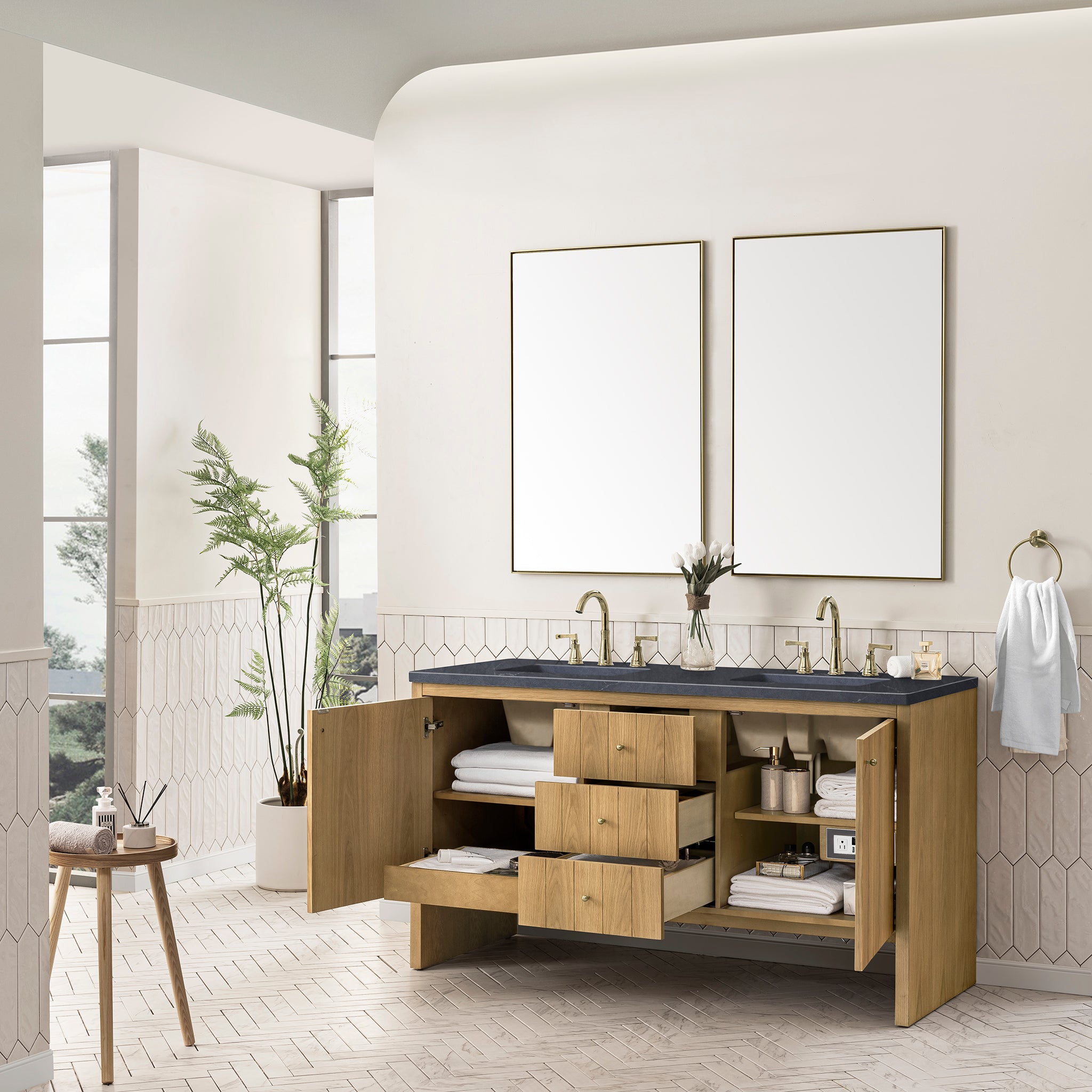 Hudson 60-Inch Double Vanity with Light Natural Oak Finish and 3CM Charcoal Soapstone Top - Perfect for Master Bathroom or Guest Bathroom Renovation