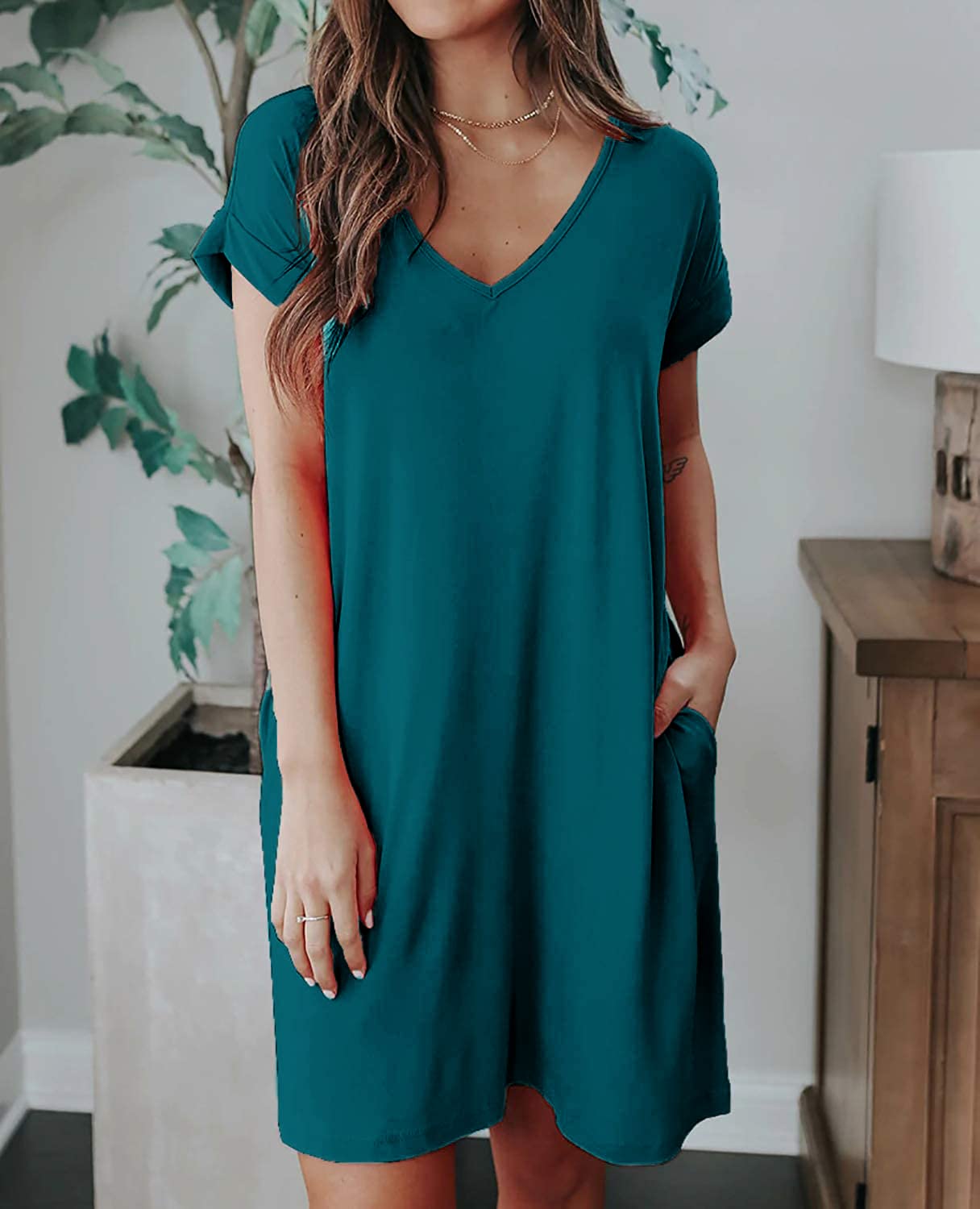 BTFBM Women's V-Neck Short Sleeve Summer Dress 2025 - Spring Casual Loose Tunic T-Shirt Dress with Pockets | Lounge, Sleepwear, Beach & Everyday Wear