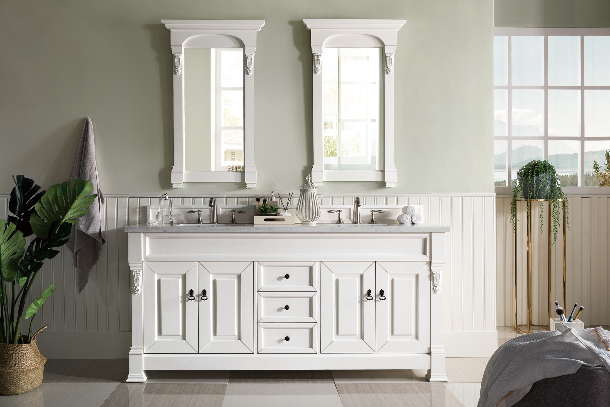 Brookfield 72 Inch Double Bathroom Vanity with Bright White Finish and 3CM Arctic Fall Solid Surface Top - Perfect for Master Bathrooms and Modern Home Renovations
