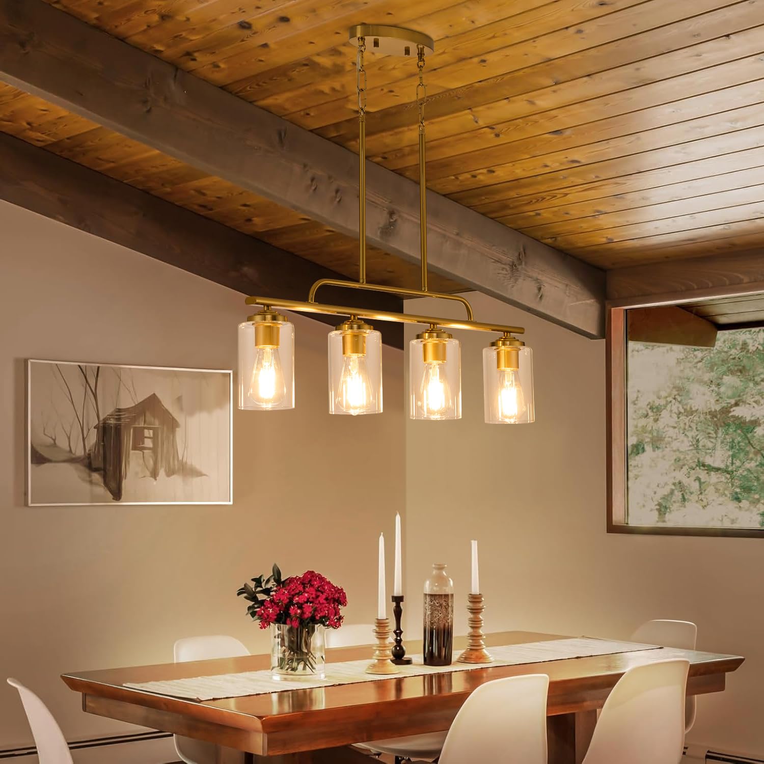 Brushed Gold Modern Linear Chandelier - 4-Light Pendant Lighting Fixture for Kitchen Island & Dining Room | Durable Ceiling Hanging Light Over Table | Perfect for Contemporary Homes, Restaurants, and Open-Concept Spaces