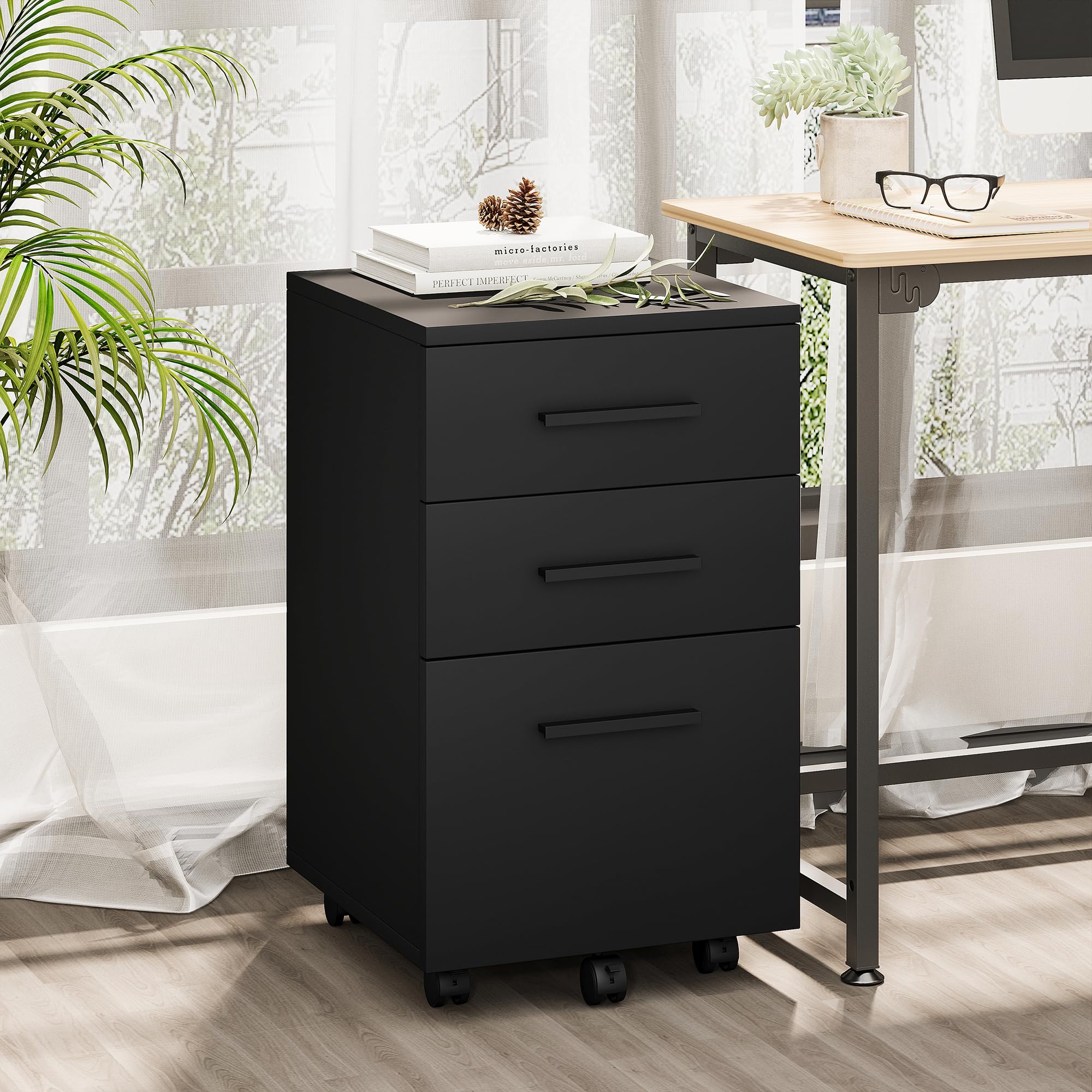 VICLLAX 3-Drawer Mobile File Cabinet with Lockable Wheels - Black Under Desk Vertical Storage Organizer for Office, Home & School - Perfect for Documents, Folders & Office Supplies