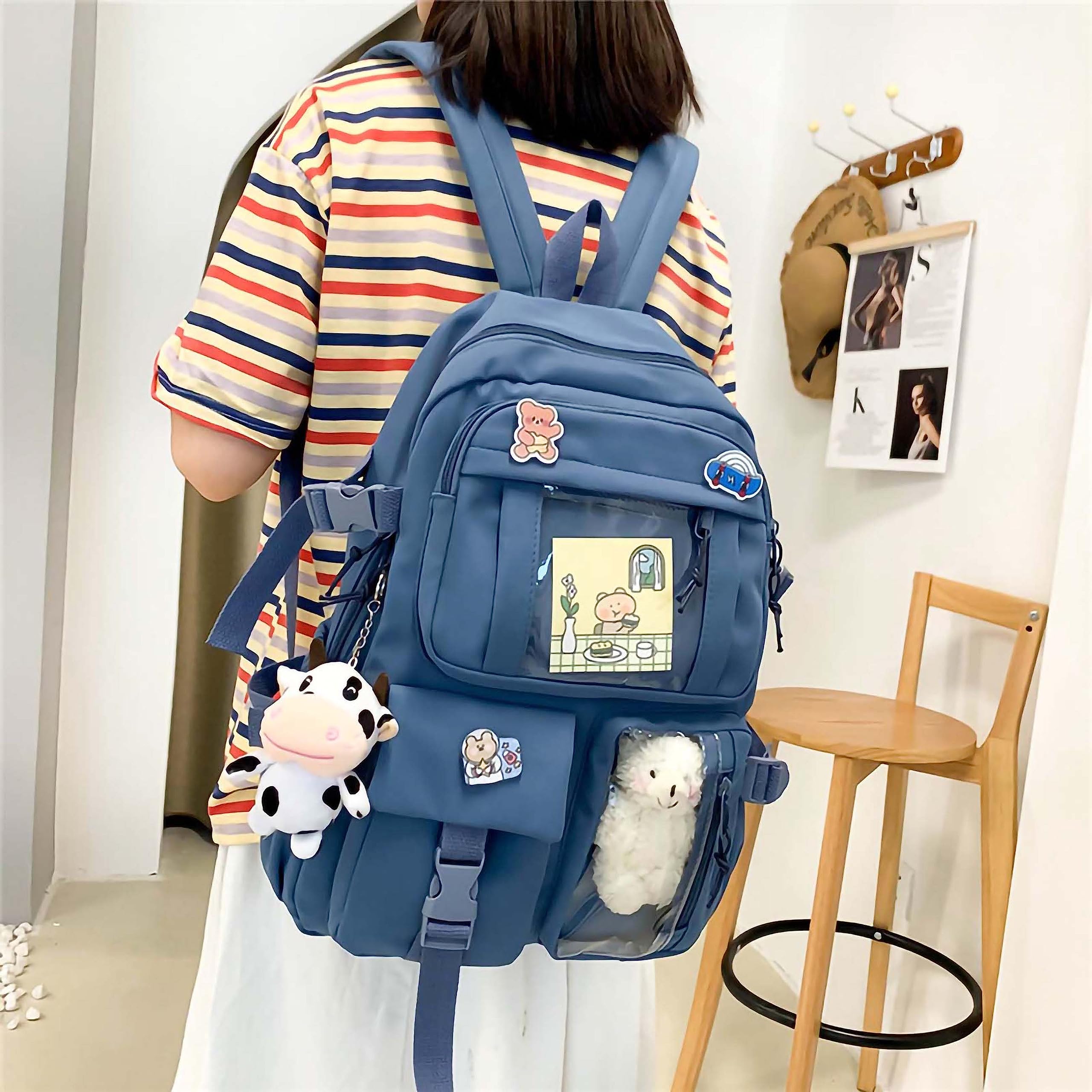 Cute Kawaii Backpack with Plush Pendant & Pins - Aesthetic School Backpack for Girls, Teens, College - Perfect for School, Travel, and Everyday Use