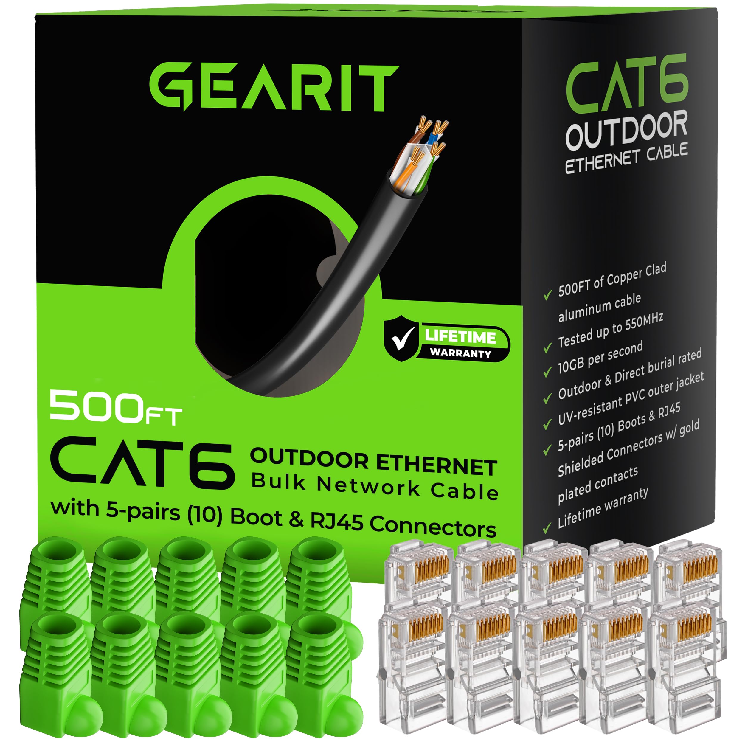 GearIT 500ft Cat6 Ethernet Cable Bulk - 10Gbps Speed, Gold Plated RJ45 Connectors, UV Resistant & Waterproof for Outdoor/Indoor Use - Perfect for Home Networking, Office Setup & Direct Burial Installations
