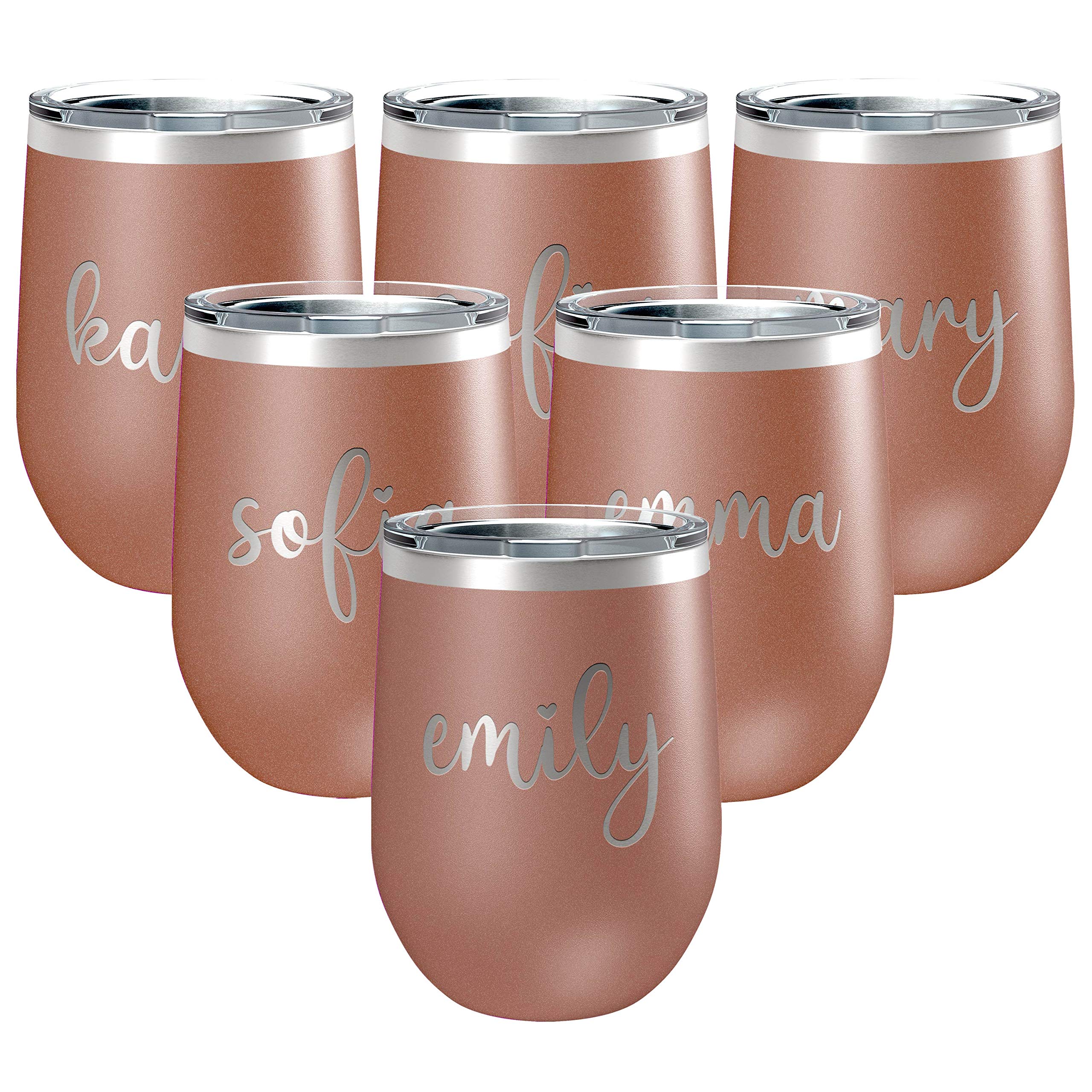 Personalized Rose Gold 12 oz Stemless Wine Tumbler Set of 6 with Lid - Custom Bridesmaid Gifts for Wedding, Bachelorette Party - Perfect for Bride, Maid of Honor with Name & Text - Ideal for Toasting, Celebrations & Special Occasions