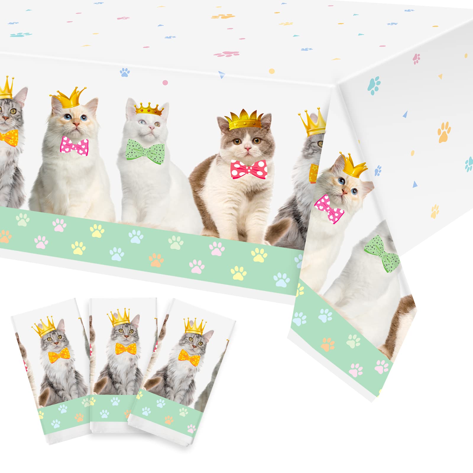 3 Pack Cat Themed Party Tablecloth - Cat Paw Print Plastic Table Cover for Birthday Decorations, 54 x 108 Inches, Perfect for Kitten & Puppy Birthday Parties, Baby Showers & Themed Events