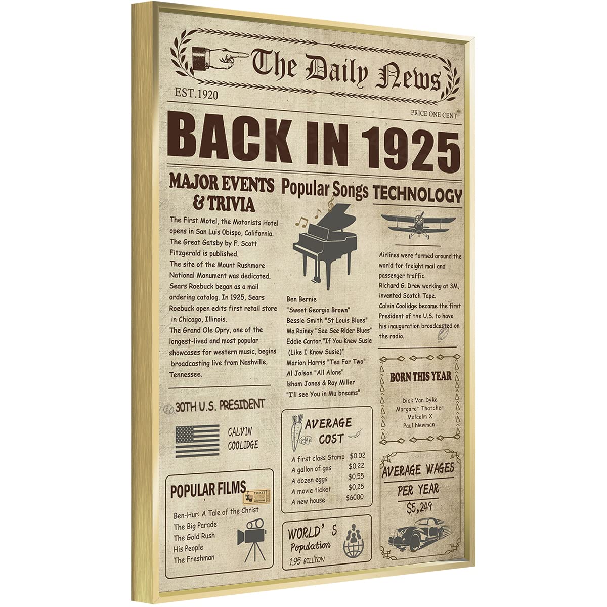 Vintage 1925 Style 97th Birthday Poster - Framed TIME TREE Anniversary Decor for Men & Women - Perfect for Milestone Celebrations, Retirement Parties & Family Gatherings