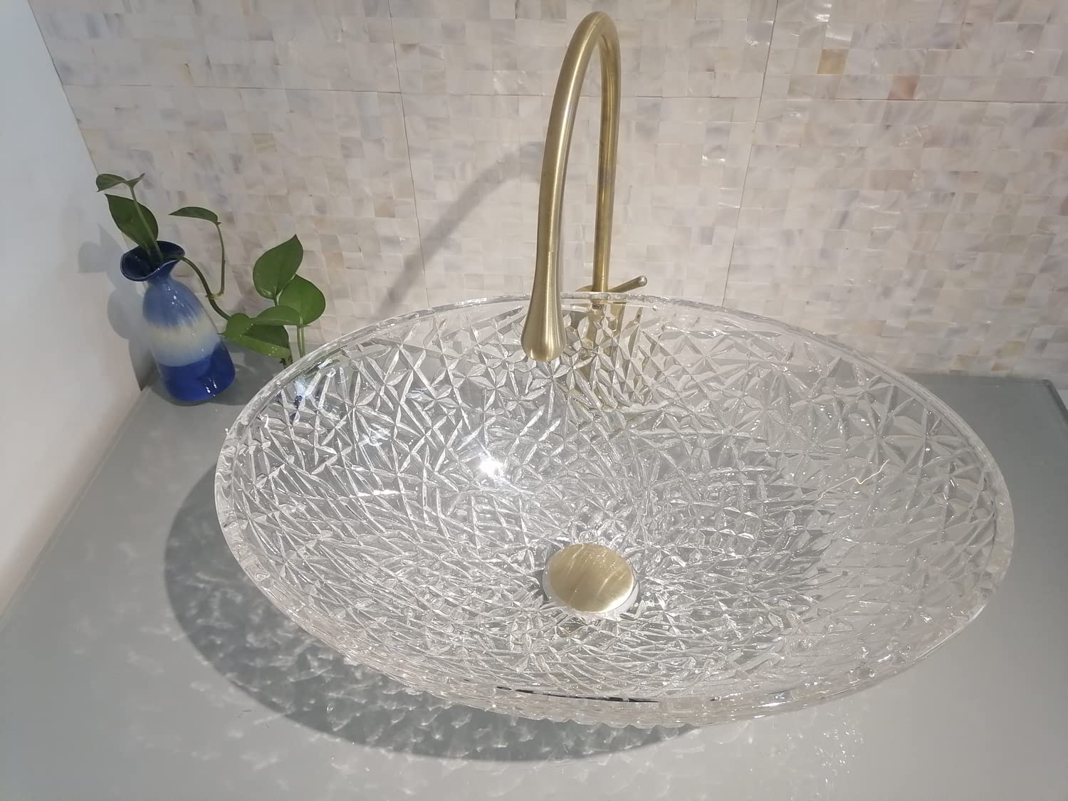 Premium Crystal Glass Vessel Sink - Oval Ice Clear Bathroom Vanity Countertop Sink with Pop-Up Drain | Glossy Surface Finish | Modern Luxury for Spa, Hotel & Upscale Home Bathrooms | FW-LA619