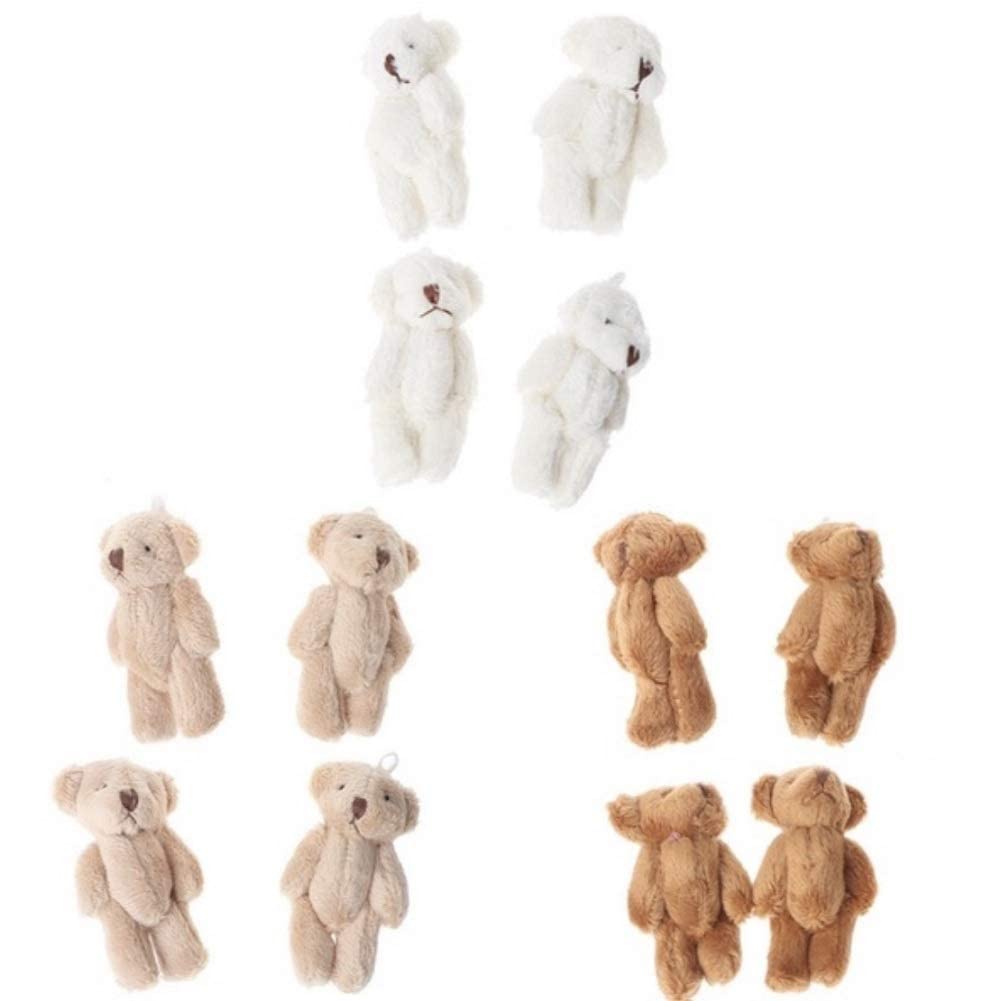 12Pcs 6CM Plush Small Jointed Teddy Bear Stuffed Animal Toys - Bulk Wedding Party Favors, Birthday Cake Decorations, DIY Accessories (White, Beige, Brown) - Perfect for Baby Showers, Bridal Decor, Gift Bags & Craft Projects