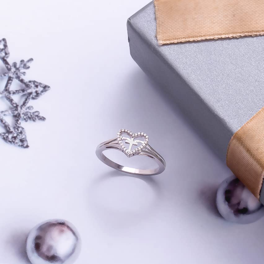 1/20 CT Natural Diamond Heart Cross Ring for Women - Elegant Religious Jewelry, Promise Ring & Romantic Gift for Her - Perfect for Valentine's Day, Anniversary & Special Occasions