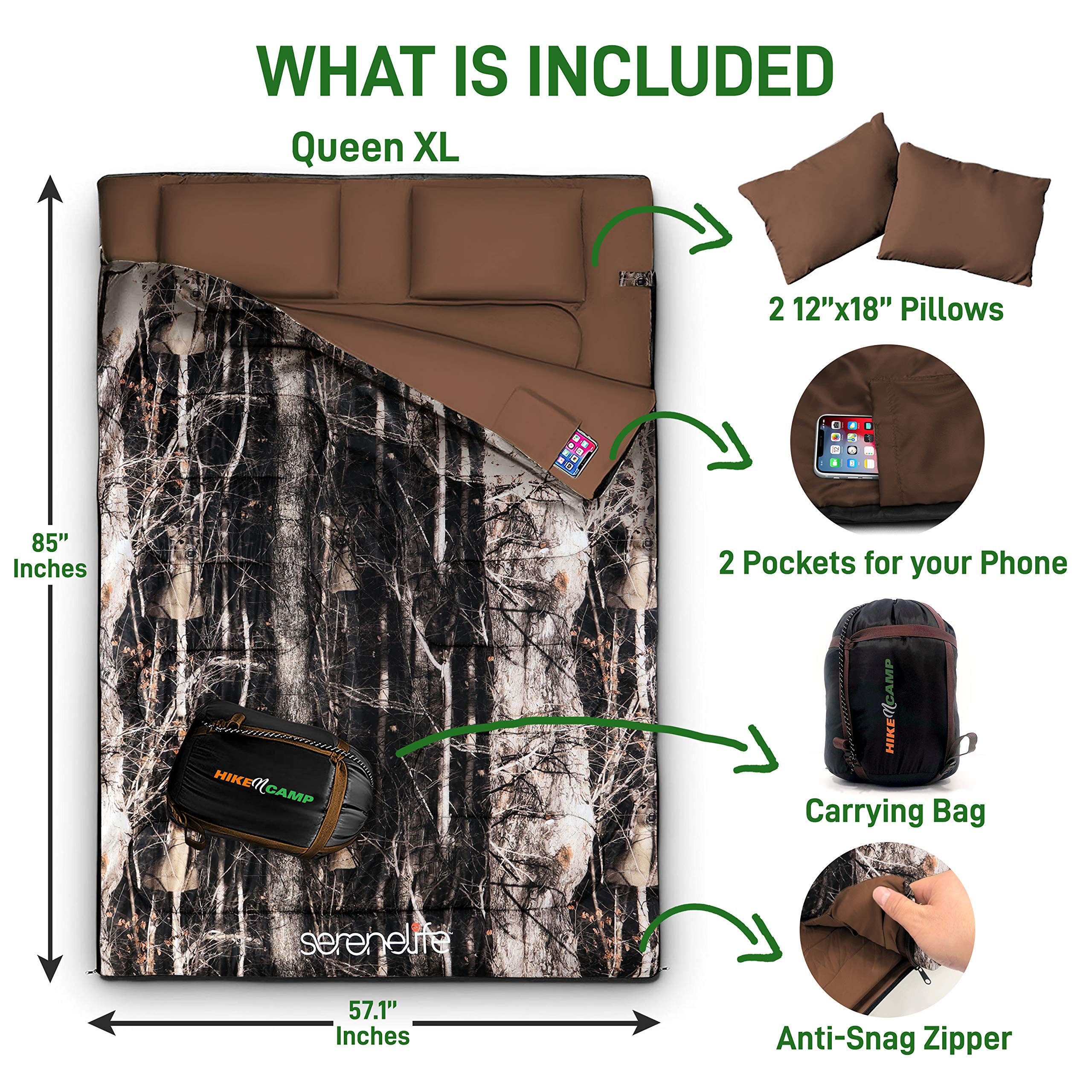 SereneLife Double Sleeping Bag with Pillows - Waterproof, Detachable into 2 Single Bags - Lightweight & Warm for Camping, Hiking, Backpacking - Cold Weather Rated 5-10°F - Perfect for Couples Getaways, Family Camping Trips & Winter Outdoor Adventures
