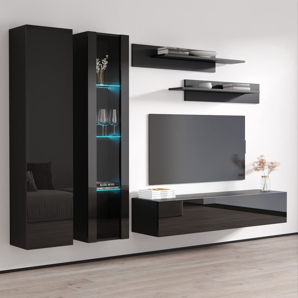 Modern Floating TV Stand with Storage & LED Lights - Wall-Mounted Entertainment Center for Bedroom & Living Room - A4 30TV Console with Shelves - Black - Perfect for Small Spaces & Home Theater Setup