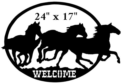 Welcome Horses Cut Out Wall Art Silhouette - 17×24 Inch Rustic Metal Sign for Western Home Decor, Farmhouse Entryway & Equestrian Gifts
