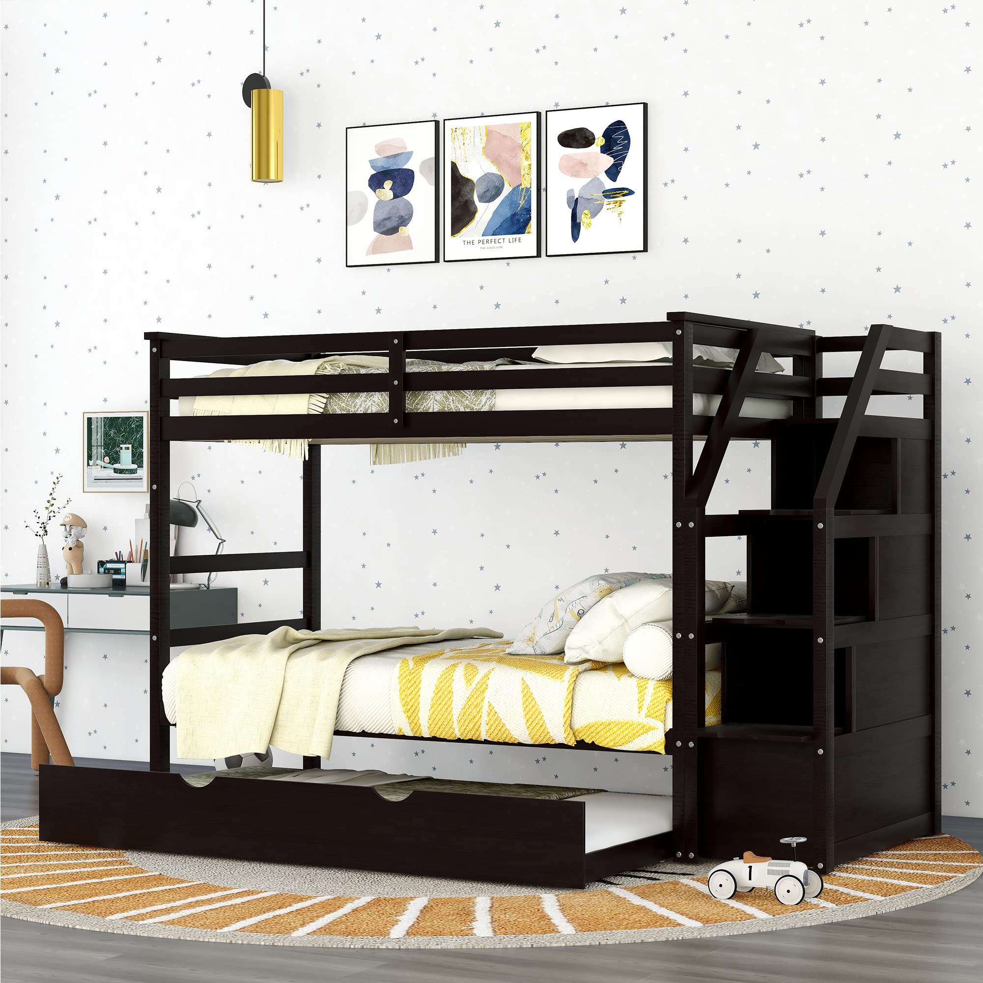 **Wooden Twin Bunk Bed with Stairs & Storage Drawers - Kids Bunk Bed Frame with Pull-Out Trundle for Boys & Girls - Space-Saving Grey Bunk Bed for Small Bedrooms, Kids' Rooms & Guest Rooms**