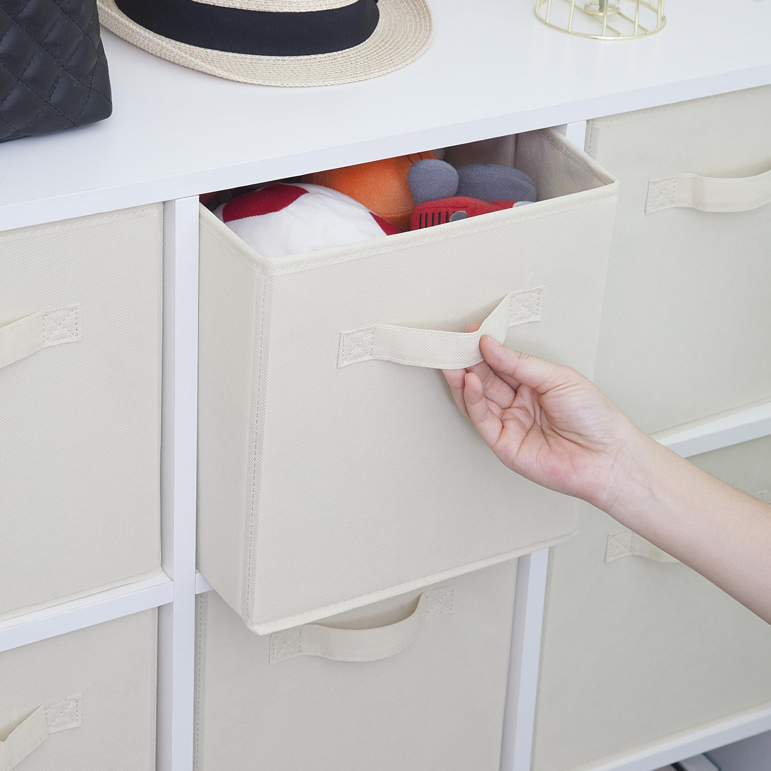 11 Inch Fabric Storage Cubes - Set of 10 Foldable Closet Organizer Bins with Handles | Beige Cubby Storage Baskets for Shelves, Clothing & Home Organization | Perfect for Bedroom, Nursery & Office Storage Solutions