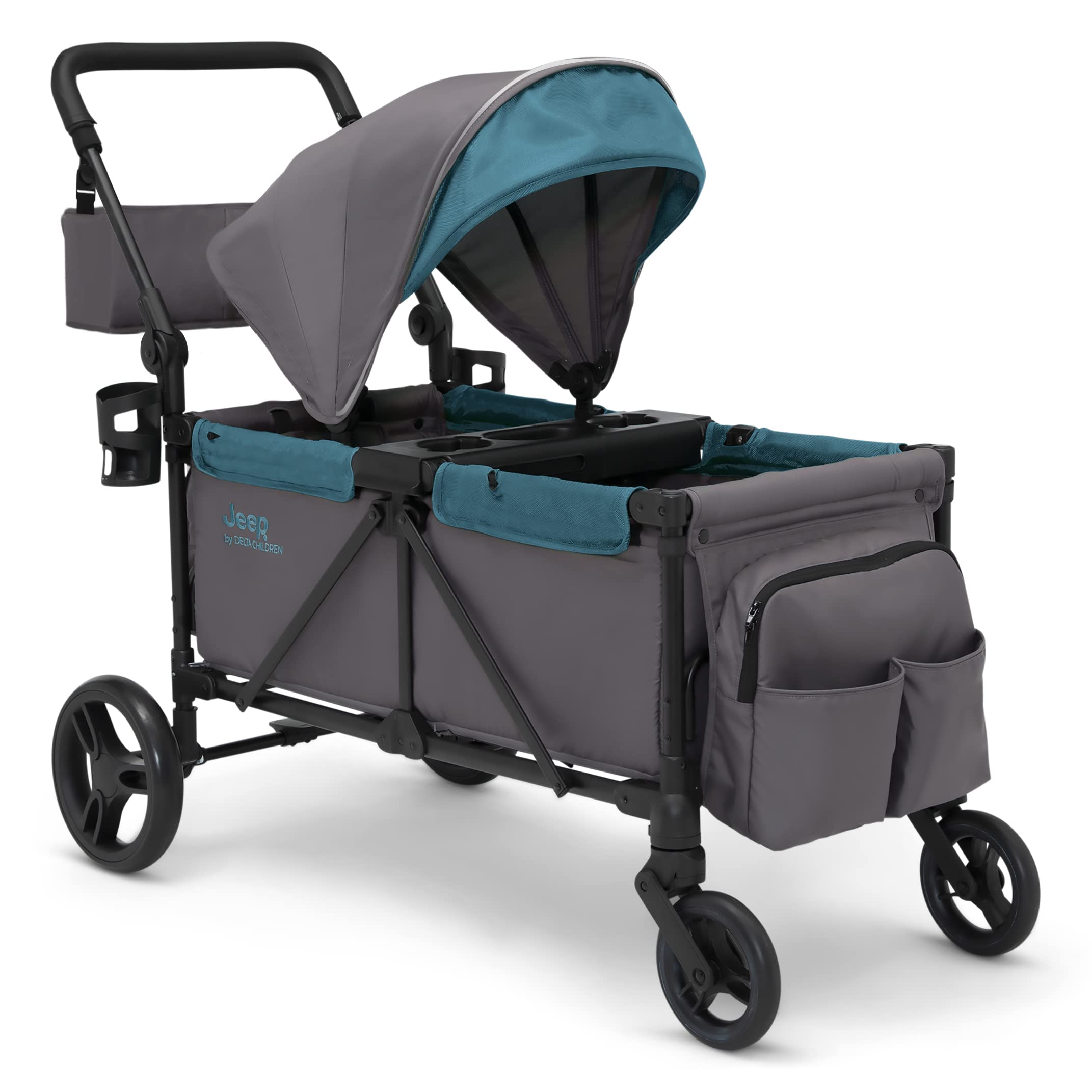 Delta Children Jeep Sport All-Terrain Stroller Wagon with Canopy, Parent Organizer & Snack Tray - Adjustable Handlebar, Cup Holders - Grey/Blue Moon - Perfect for Outdoor Adventures, Beach Trips and Family Outings
