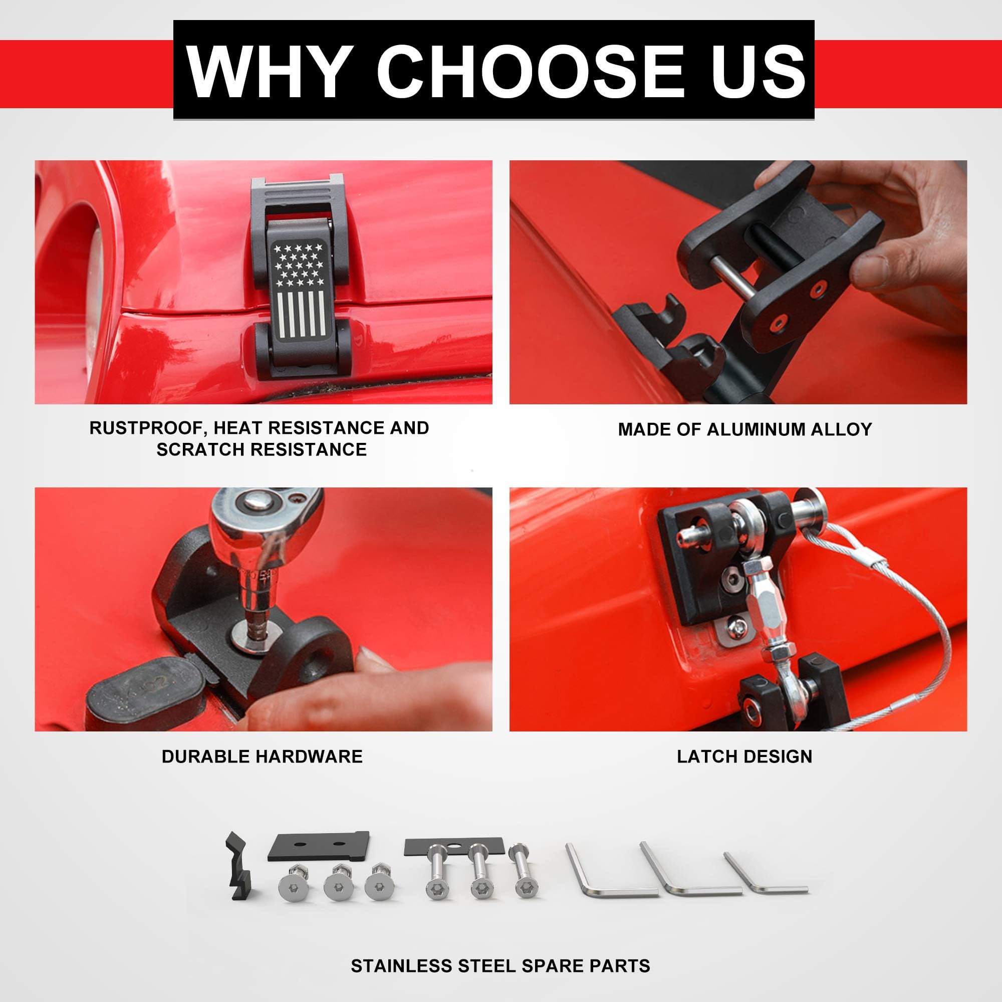 ASLONG 2PCS Aluminum Hood Latches with US Flag Design - Compatible with Jeep Wrangler JK/JKU (2007-2018) & JL/JLU/Gladiator JT (2018-2021) - Durable Hood Catch Kit for Off-Roading, Car Shows & Jeep Customization