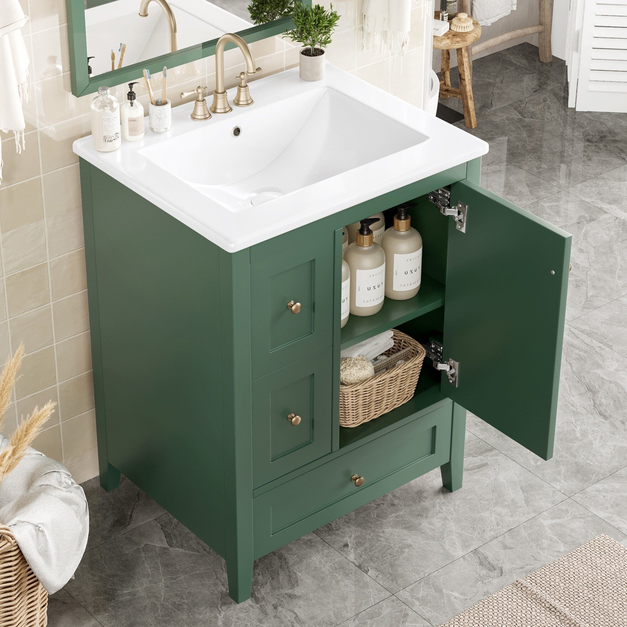 24 Inch Bathroom Vanity with Storage - Adjustable Shelf & Removable Dividers, MDF & Rubberwood Construction, Dark Green Finish for Modern Bathroom Decor