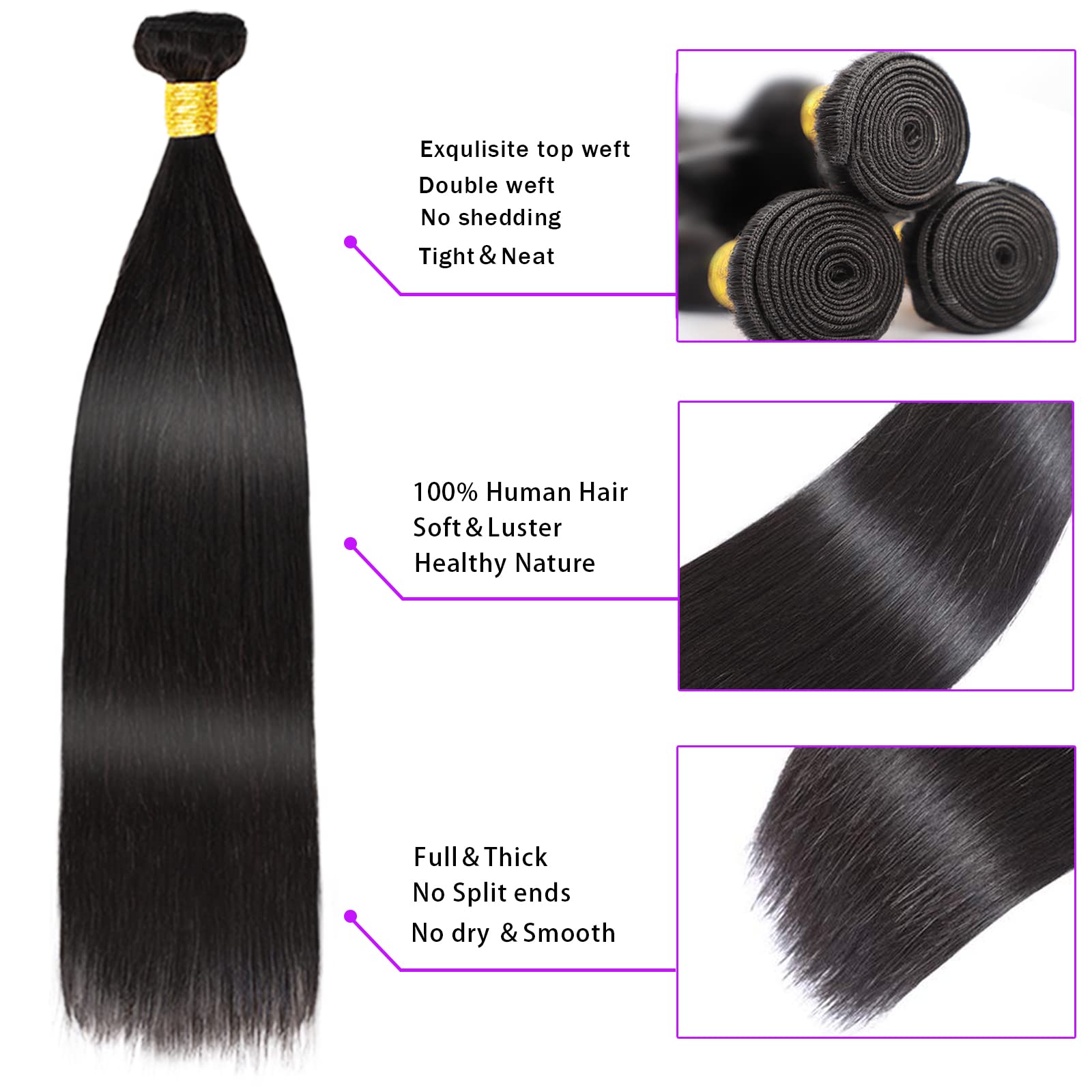 3 Bundles Brazilian Straight Human Hair with Lace Closure (20 22 24+18 Inches) 100% Unprocessed Remy Virgin Hair Weave - 4x4 Free Part, Double Weft, Black Natural Color | Perfect for Protective Styles, Wig Making & Everyday Wear