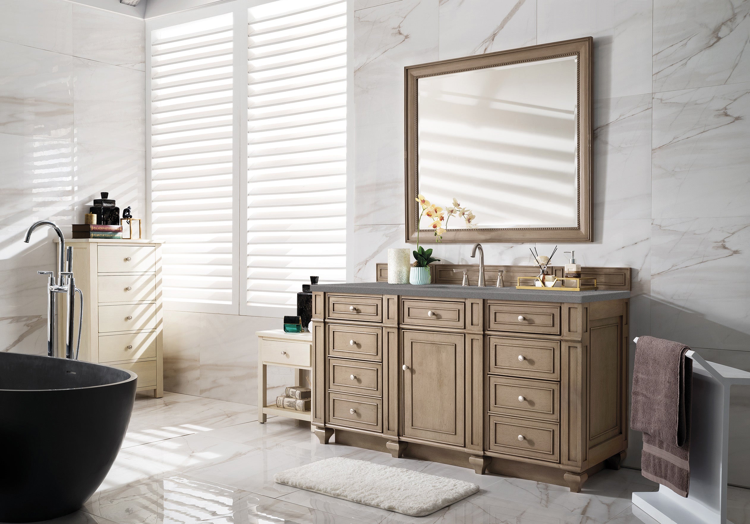 Bristol 60 Inch Single Bathroom Vanity Set - Whitewashed Walnut Finish with 3CM Gray Expo Quartz Countertop | Perfect for Modern Master Bathrooms & Guest Bathroom Renovations
