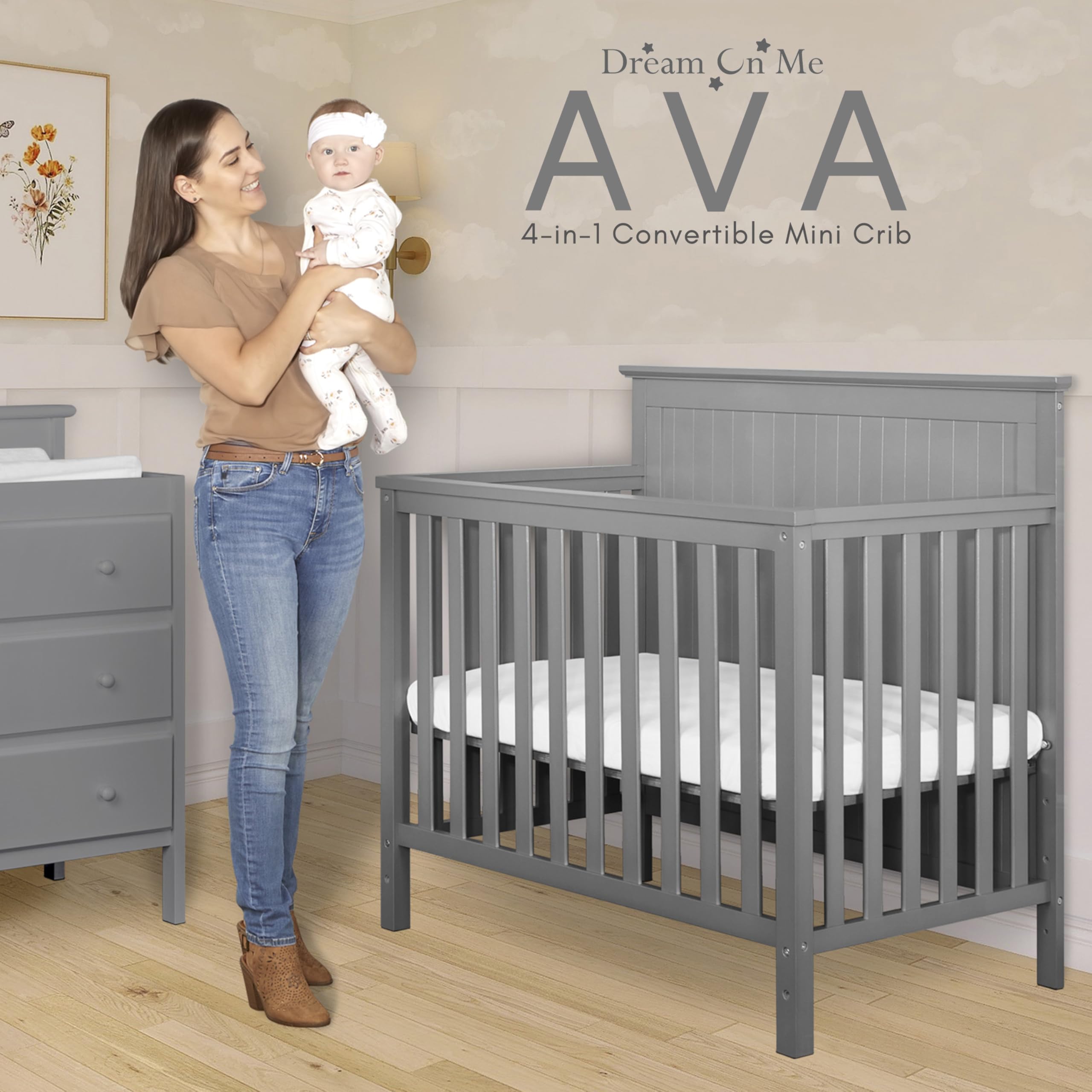 **Dream On Me Ava 4-in-1 Convertible Mini Crib – Steel Grey, Greenguard Gold Certified, Non-Toxic Finish, Includes 1