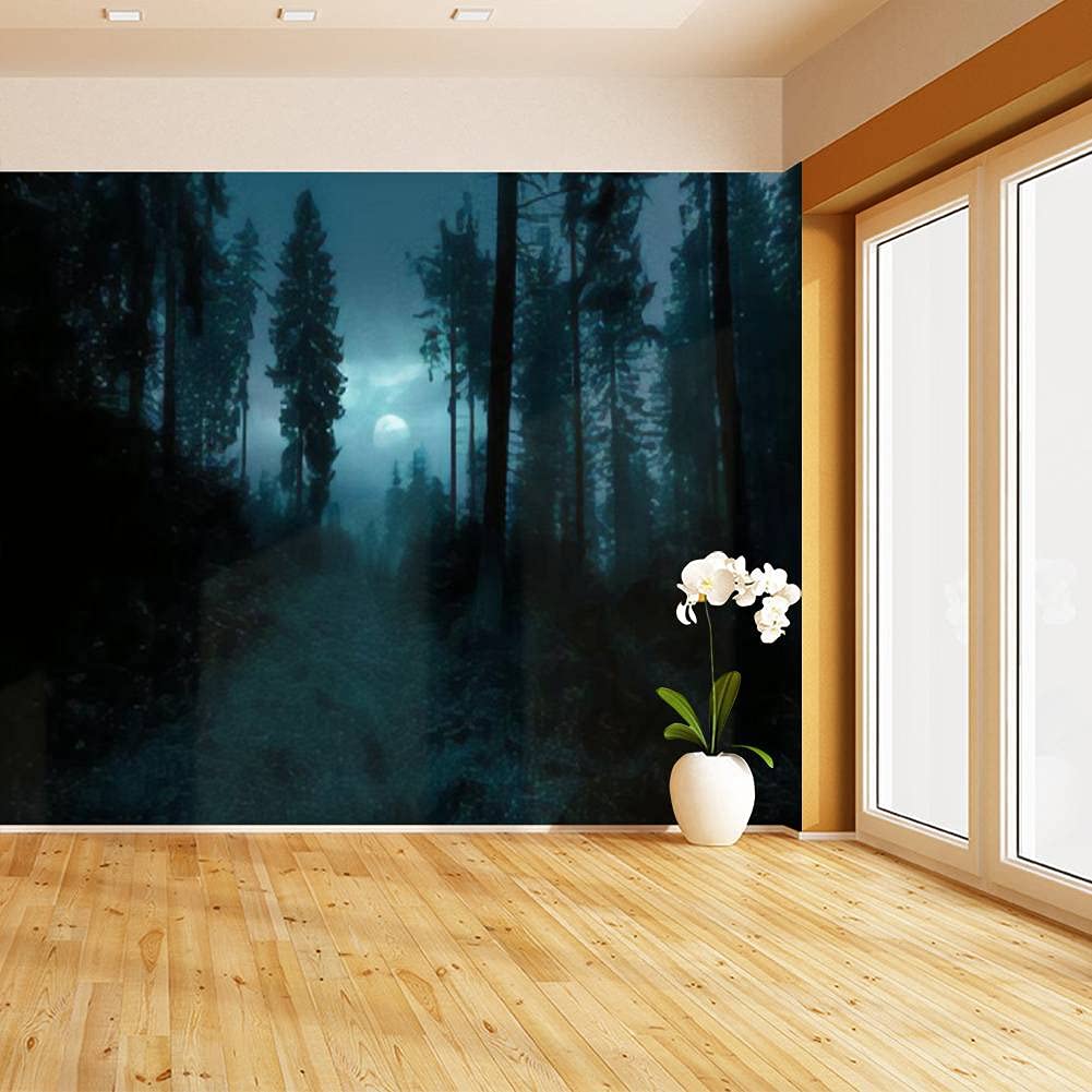Dark Foggy Mysterious Forest Wall Mural with Full Moon - Peel and Stick Self-Adhesive Wallpaper - Large Removable Vinyl Wall Sticker for Halloween Decor, Home Theater Backdrop & Shelf Liner - Perfect for Bedroom, Living Room and Party Decoration