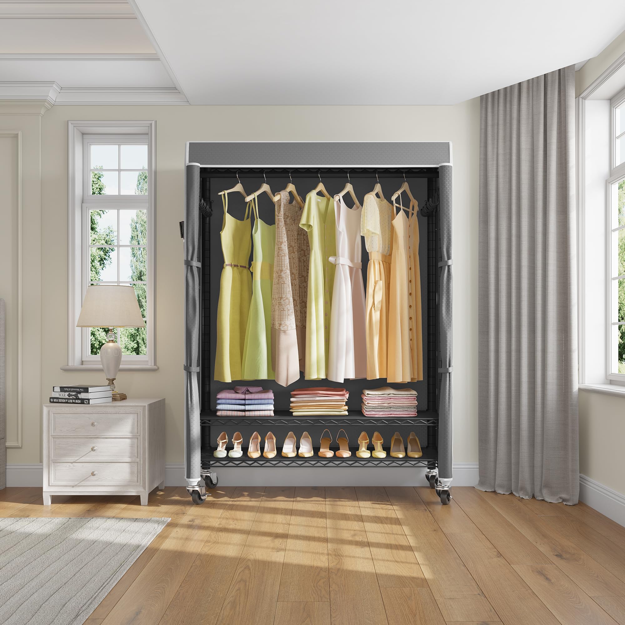 VIPEK R1C Plus Heavy Duty Rolling Garment Rack with Locking Wheels, Adjustable Shelves & Side Hooks - Portable Closet Organizer for Clothes, Shoes & Accessories (Black Frame with Grey Polyester Cover) - Perfect for Home, Retail Stores, Laundry Rooms & Closet Organization