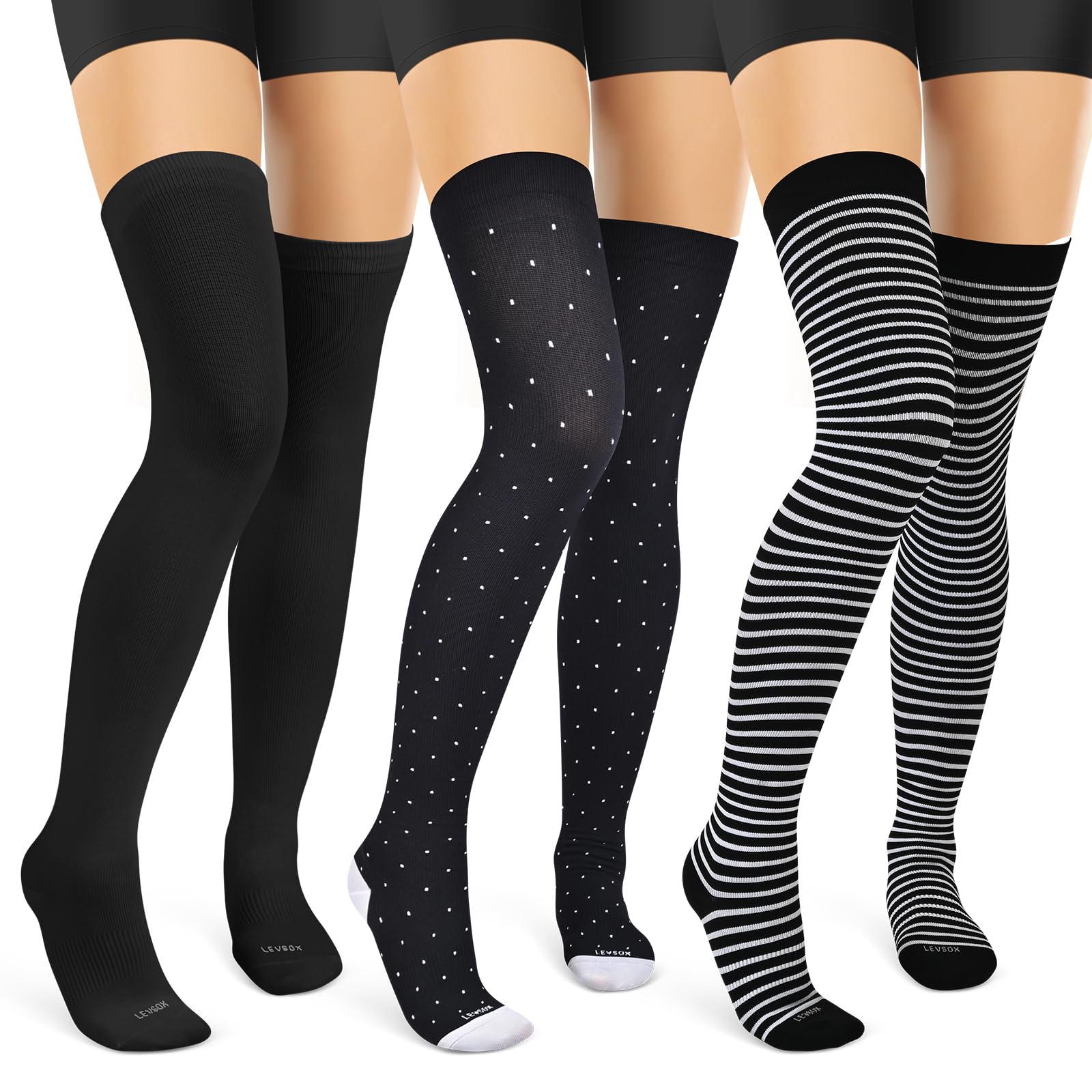 LEVSOX Thigh High Compression Socks for Women & Men - 15-20 mmHg Over the Knee Support Stockings (3 Pairs) - Ideal for Running, Travel, Nursing & Varicose Vein Relief